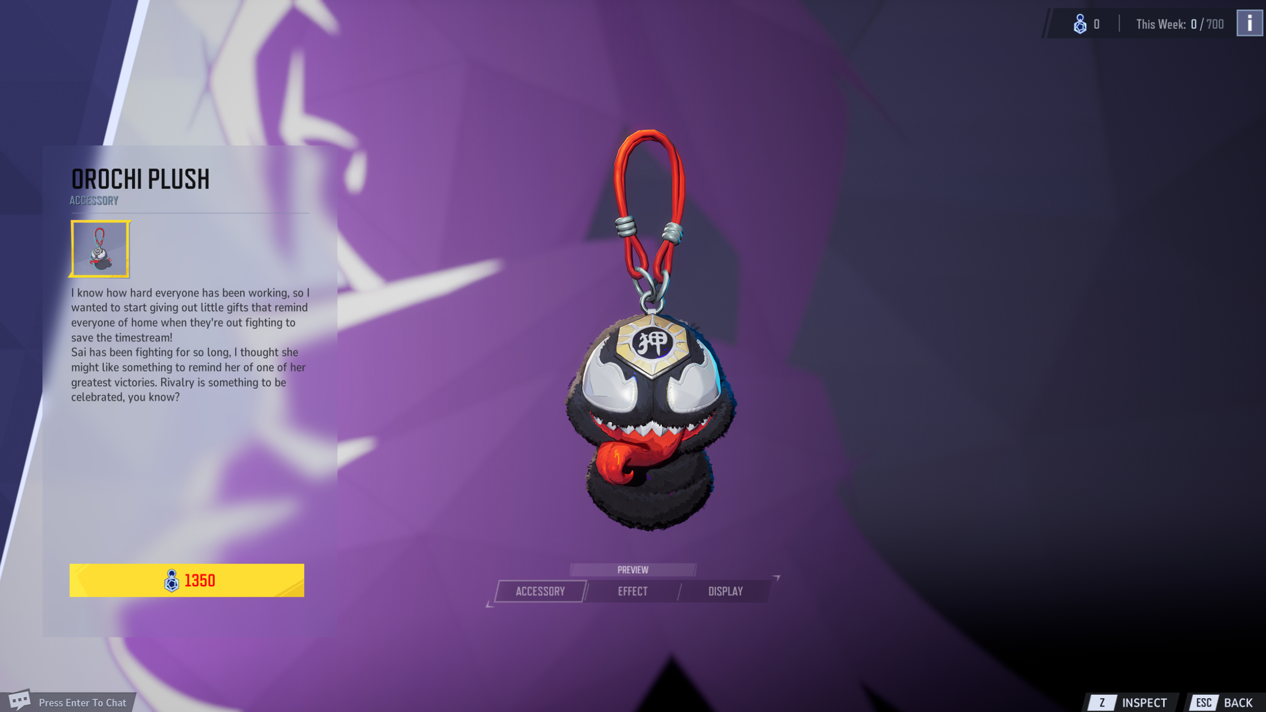 Marvel Rivals Season 3 customisation issues: The Orochi Plush accessory in the menu.