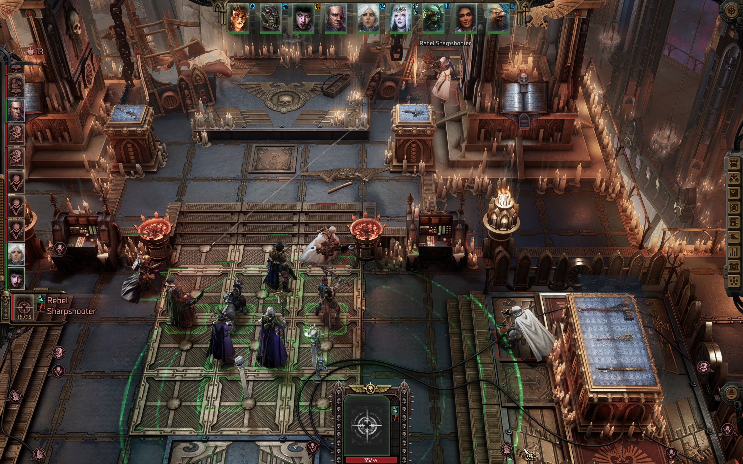 A Rogue Trader and her squad stand in the green raidus of an area-of-effect bonus