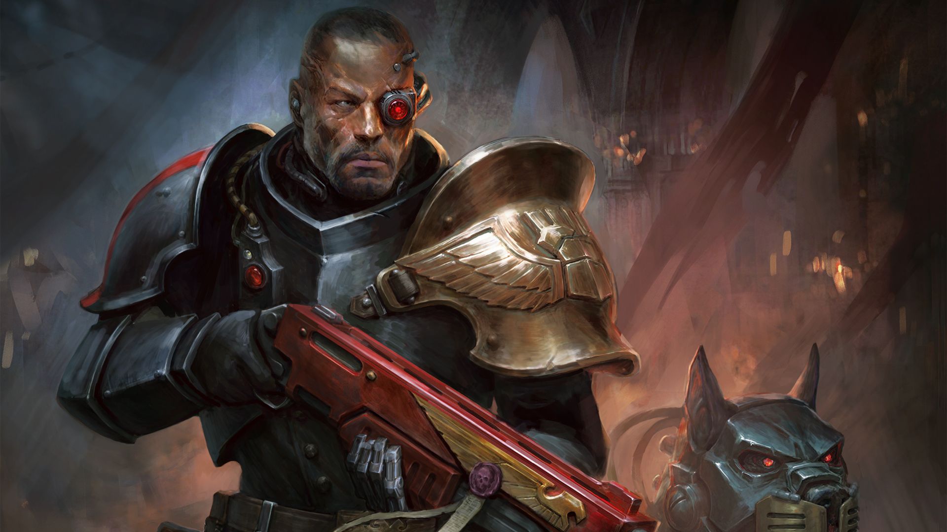 Arbitrator Solomorne with his cyber-mastiff and a shotgun