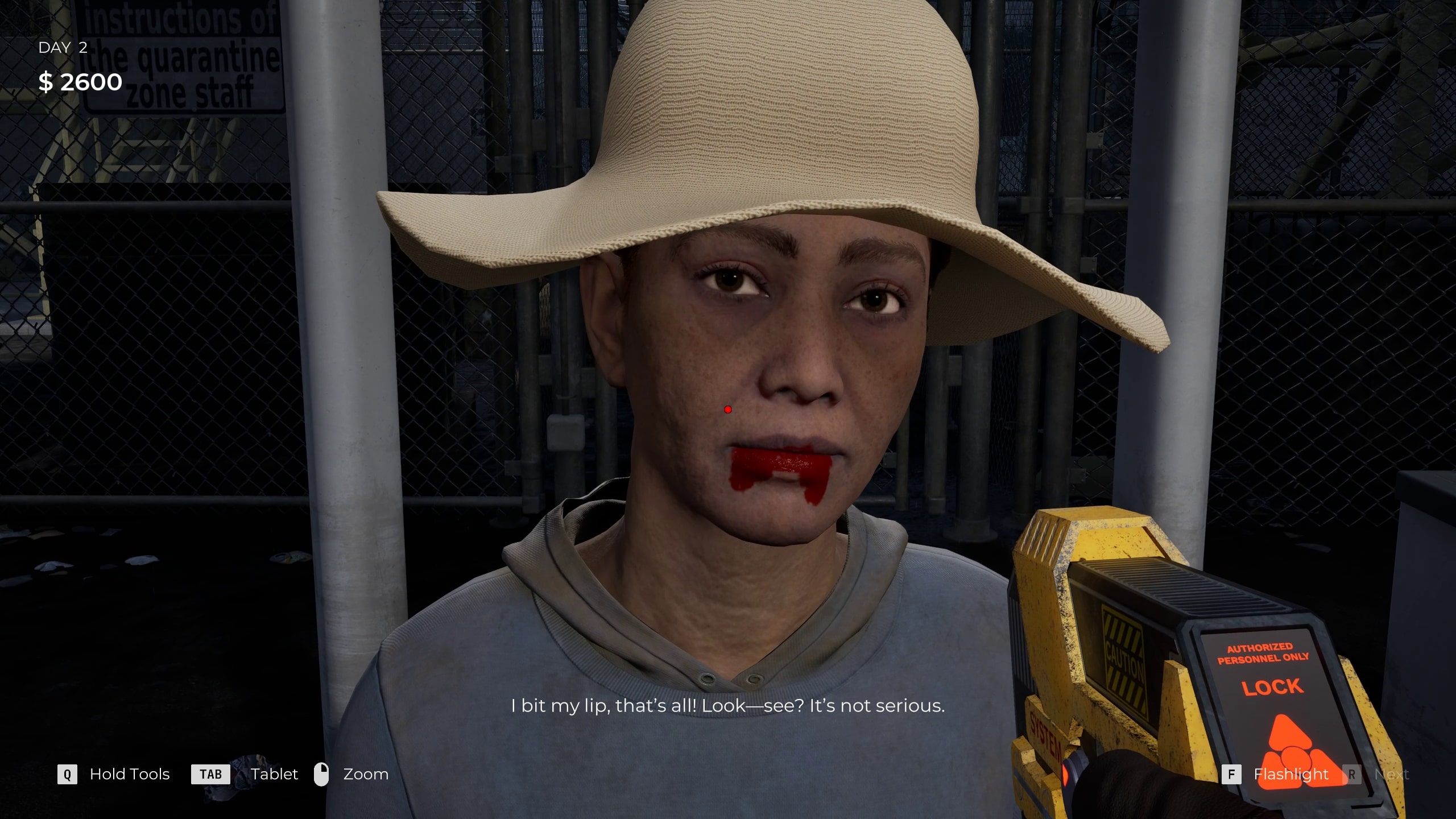 A woman with a bloody mouth and floppy hat
