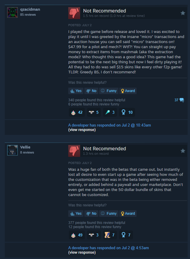 Negative Steam reviews for Mecha Break, citing onerous monetization structure.