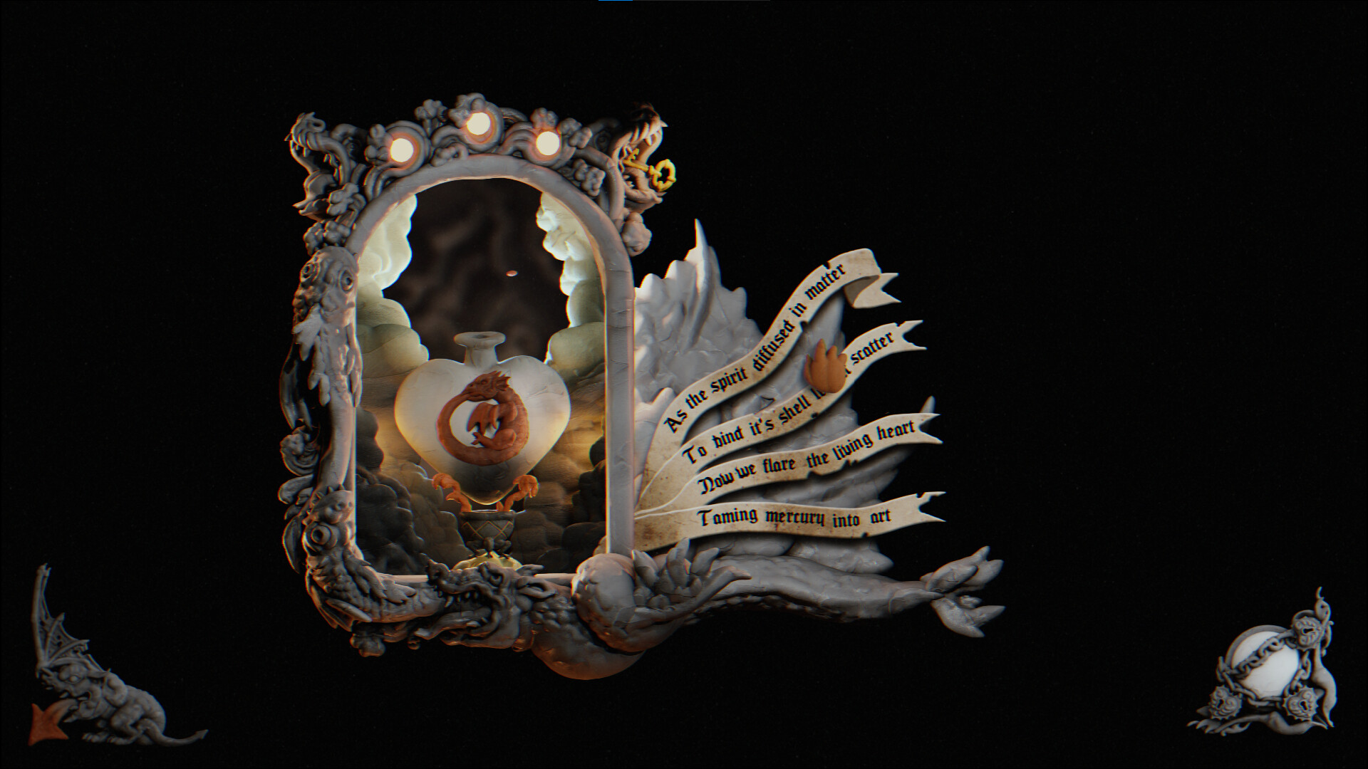 All Living Things scene showing a dragon in a heart shaped bottle next to scrolls of text.