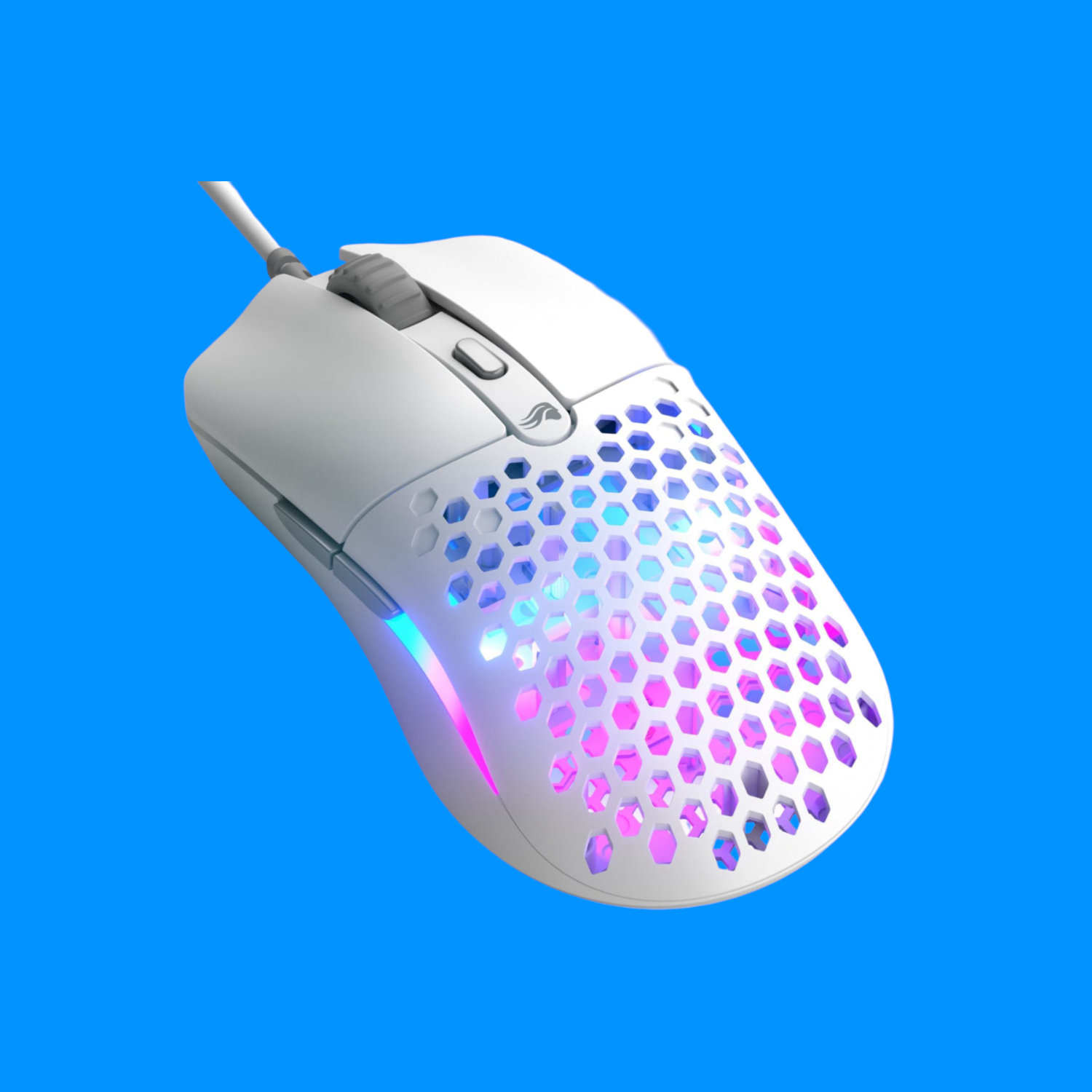 An image of the Glorious Model O Eternal wired gaming mouse against a blue background.