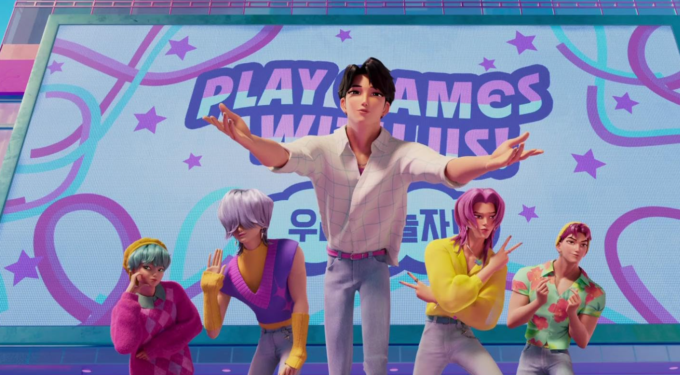 A group of five animated men — the SAJA Boys from K-Pop Demon Hunters - bow in respect. The man in the middle, Jinu, opens his arms wide. A group of five animated men — the SAJA Boys from K-Pop Demon Hunters - bow in respect. The man in the middle, Jinu, opens his arms wide.