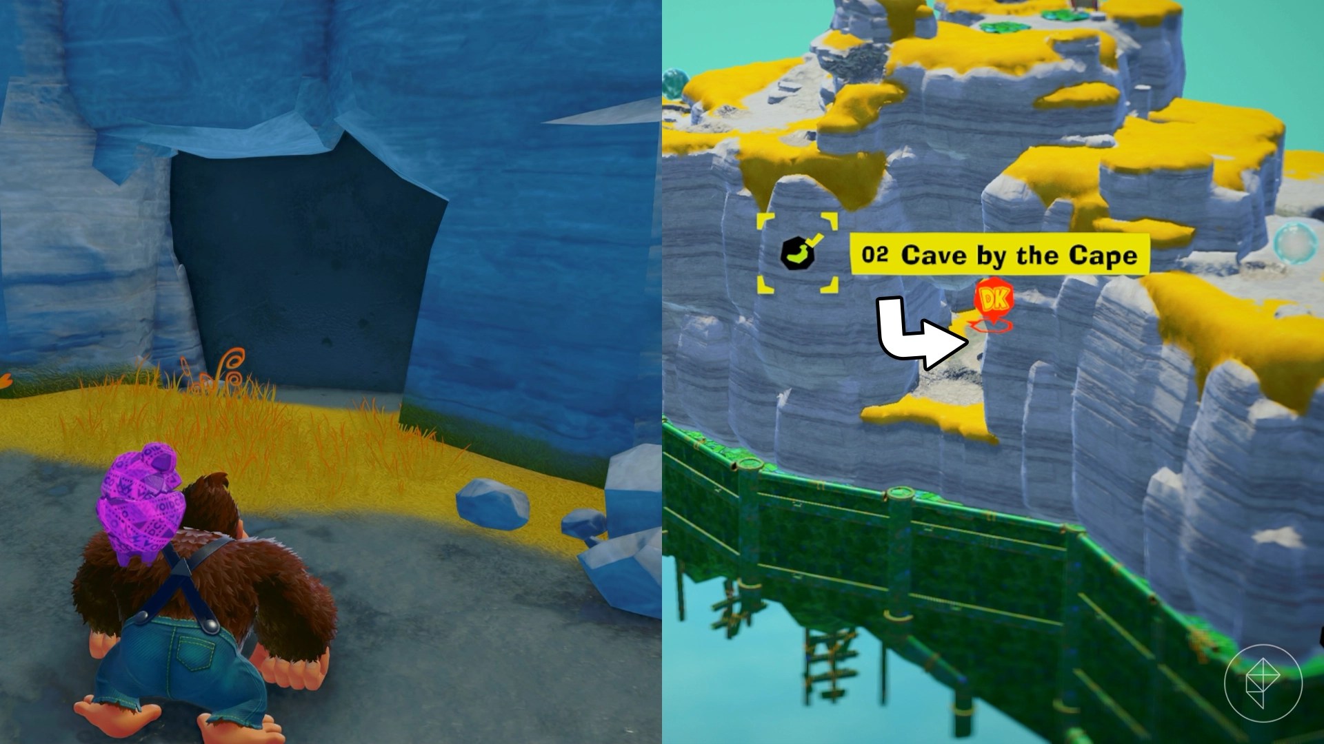 DK stands outside a cave near the Cave by the Cape gem in a split image showing where to find a Lagoon Layer Banandium Gem DK stands outside a cave near the Cave by the Cape gem in a split image showing where to find a Lagoon Layer Banandium Gem