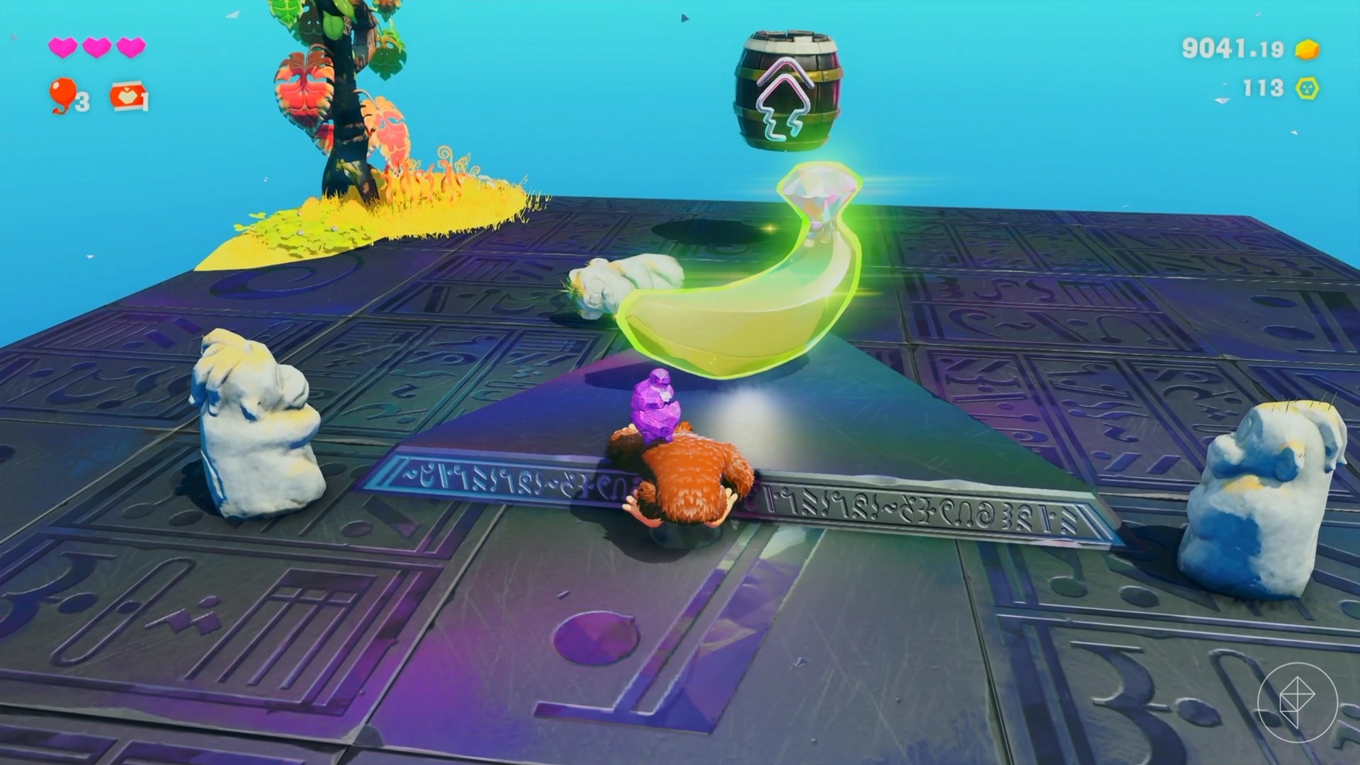 DK stands next to a Banadium Gem on a metal triangle in Donkey Kong Bananza Lagoon Layer DK stands next to a Banadium Gem on a metal triangle in Donkey Kong Bananza Lagoon Layer