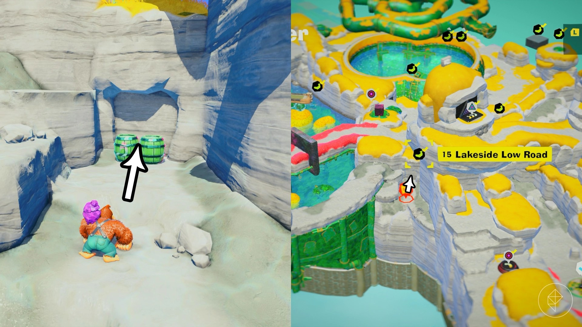 DK stands next to two green barrels by a cliff near the Lakeside Low Road gem in a split image showing a map of where to find Lagoon Layer Banandium Gem DK stands next to two green barrels by a cliff near the Lakeside Low Road gem in a split image showing a map of where to find Lagoon Layer Banandium Gem