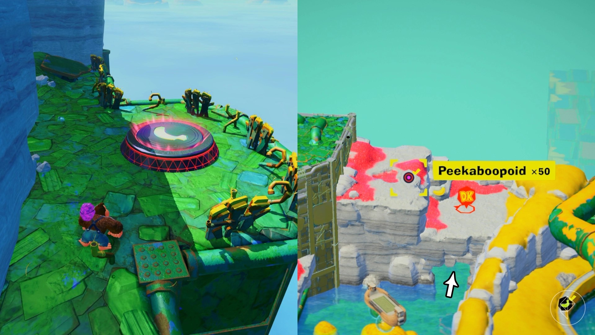 DK walks on green stone pathway looking for the Peekaboopoid x50 gem in a split image showing a map of where to find Lagoon Layer Banandium Gem DK walks on green stone pathway looking for the Peekaboopoid x50 gem in a split image showing a map of where to find Lagoon Layer Banandium Gem