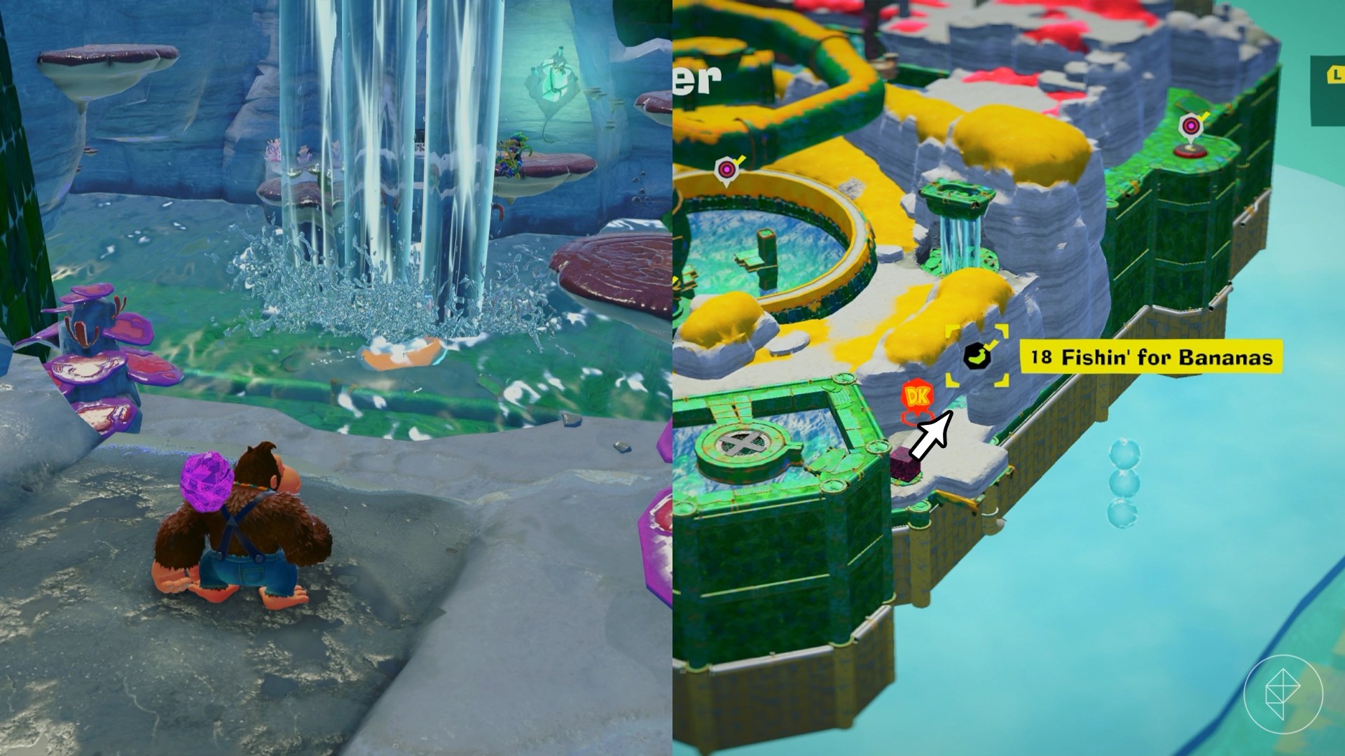 DK stands next to a waterfall while finding the Fishin’ for Bananas gem in a split image showing a map of where to find Lagoon Layer Banandium Gem DK stands next to a waterfall while finding the Fishin’ for Bananas gem in a split image showing a map of where to find Lagoon Layer Banandium Gem