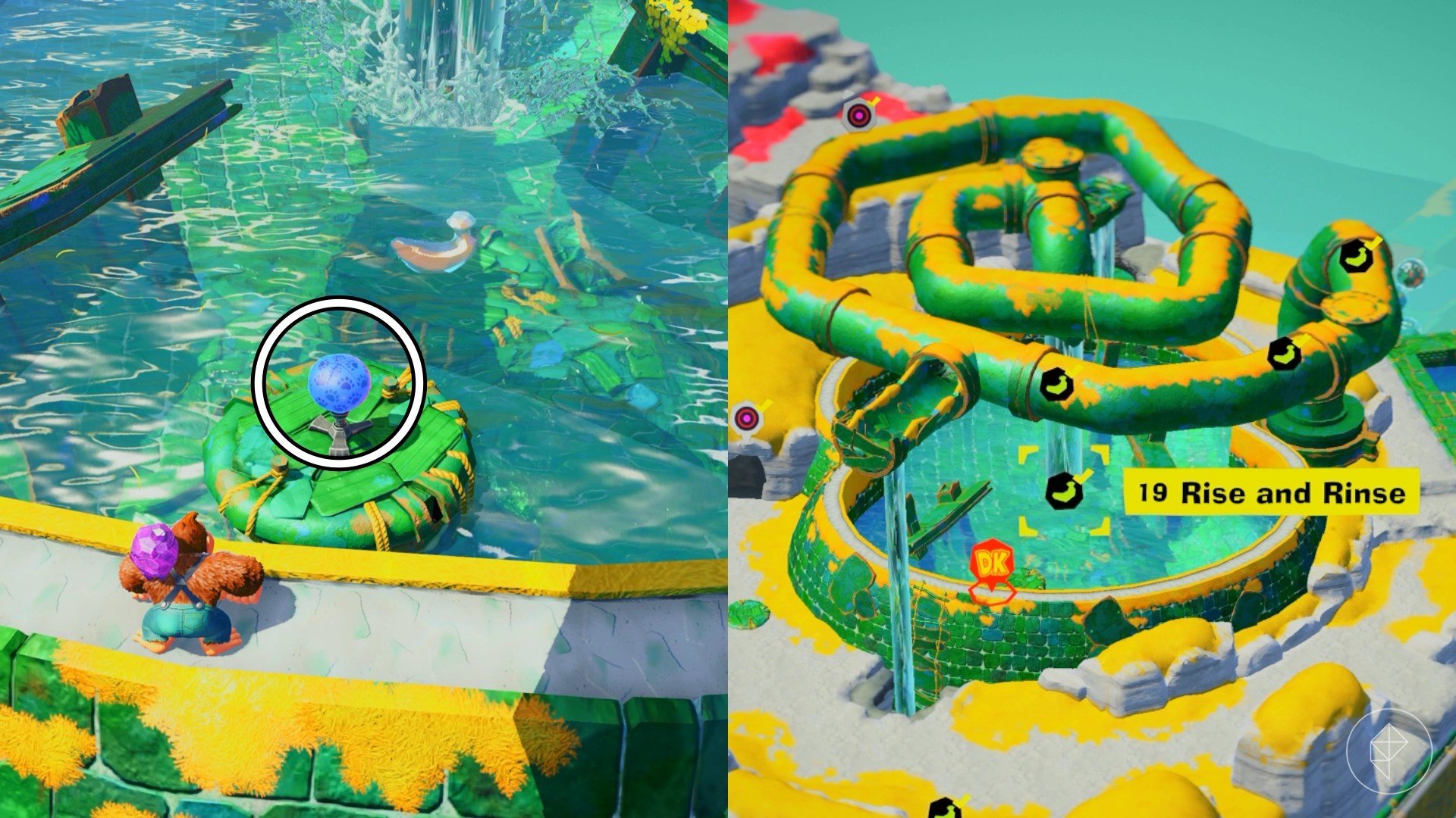 DK stands next to a lillypad on a lake while looking for the Rise and Rinse gem in a split image showing a map of where to find Lagoon Layer Banandium Gem DK stands next to a lillypad on a lake while looking for the Rise and Rinse gem in a split image showing a map of where to find Lagoon Layer Banandium Gem