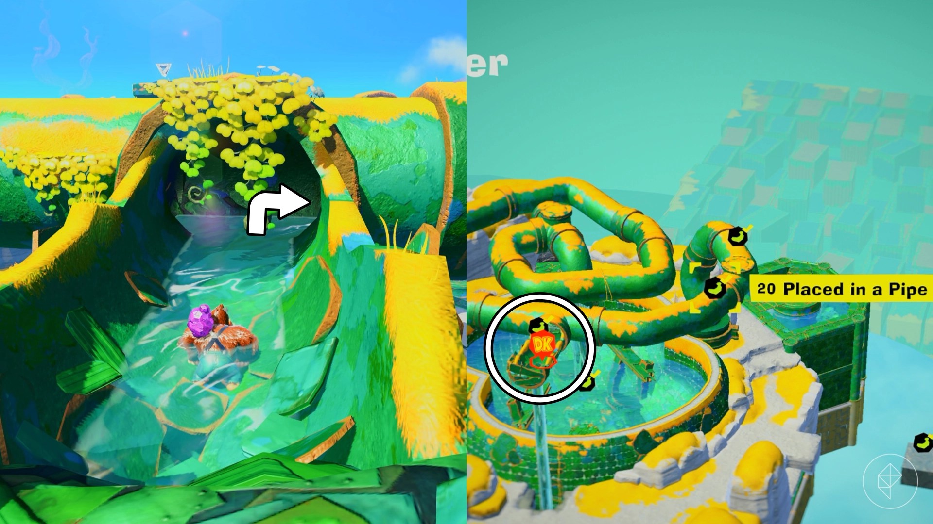 DK swims through a pipe while trying to find the Placed in a Pipe gem in a split image showing a map of where to find Lagoon Layer Banandium Gem DK swims through a pipe while trying to find the Placed in a Pipe gem in a split image showing a map of where to find Lagoon Layer Banandium Gem