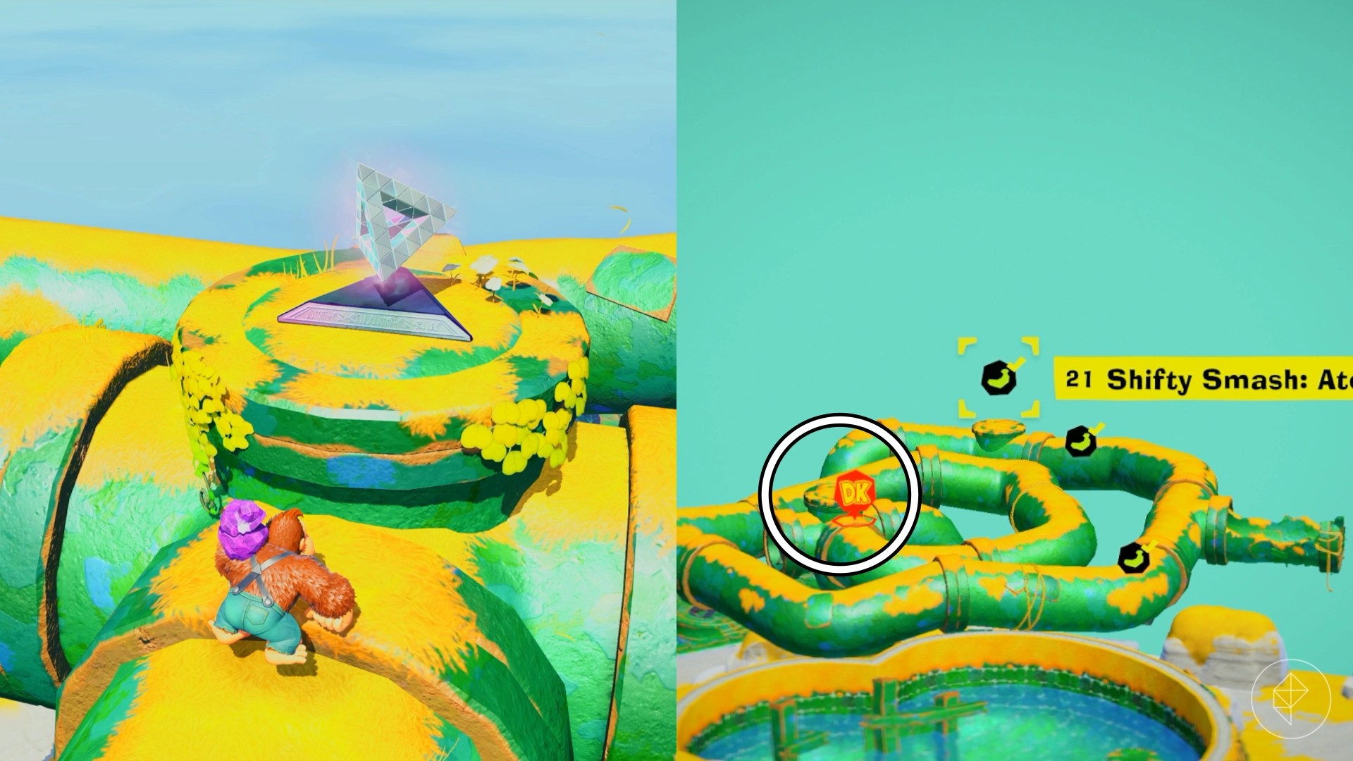 DK walks toward a giant silver pyramid on top of a green pipe while finding a Shift Smash gem in a split image showing a map of where to find Lagoon Layer Banandium Gem DK walks toward a giant silver pyramid on top of a green pipe while finding a Shift Smash gem in a split image showing a map of where to find Lagoon Layer Banandium Gem