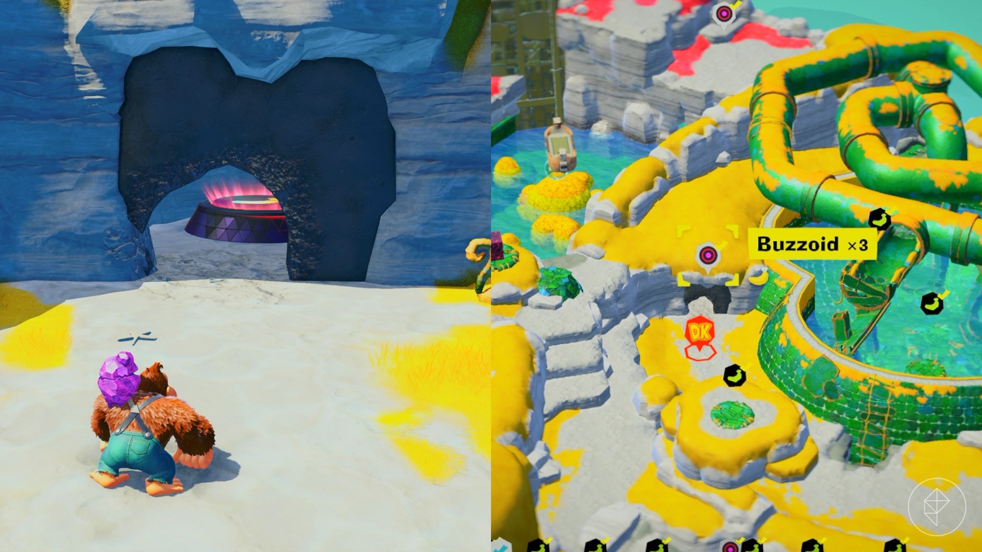 DK stands outside a cave ready to fight Buzzoid x3 for a gem in a split image showing a map of where to find Lagoon Layer Banandium Gem DK stands outside a cave ready to fight Buzzoid x3 for a gem in a split image showing a map of where to find Lagoon Layer Banandium Gem