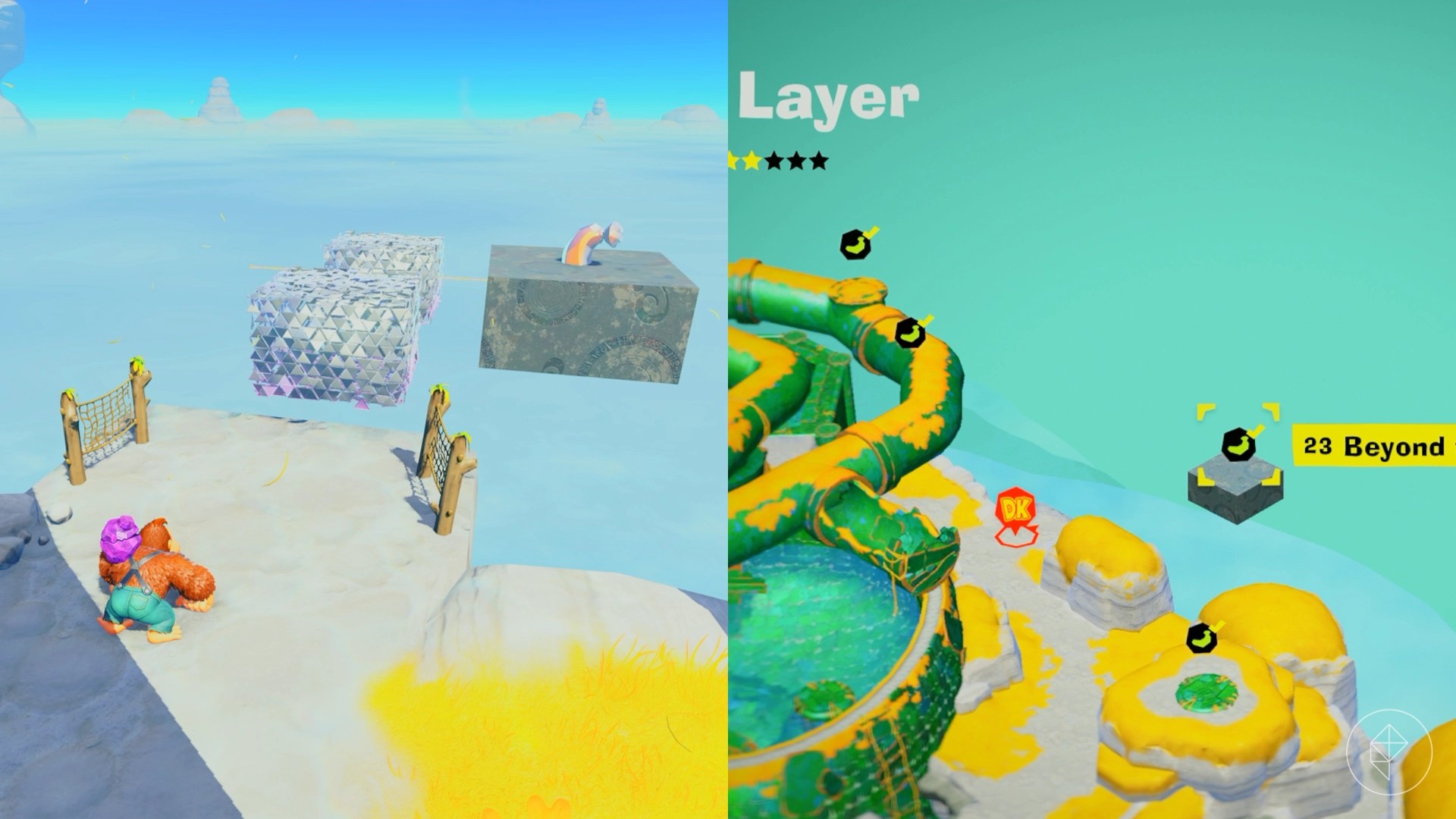 DK navigates floating platforms to find the Beyond the Cloudy Platforms gem in a split image showing a map of where to find Lagoon Layer Banandium Gem DK navigates floating platforms to find the Beyond the Cloudy Platforms gem in a split image showing a map of where to find Lagoon Layer Banandium Gem