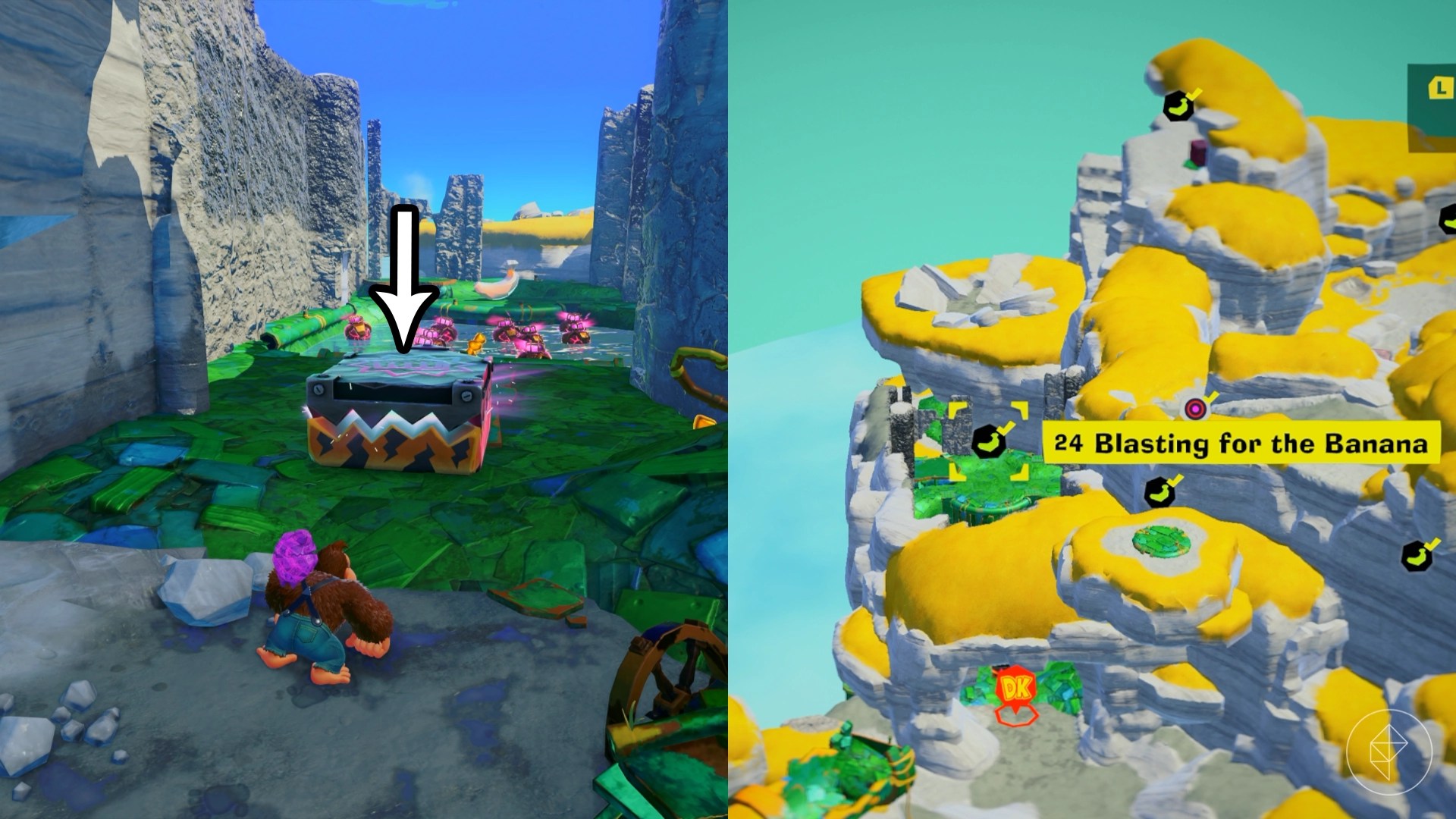 DK walks toward a giant metal box. with teeth while looking for the Blasting for the Banana gem in a split image showing a map of where to find Lagoon Layer Banandium Gem DK walks toward a giant metal box. with teeth while looking for the Blasting for the Banana gem in a split image showing a map of where to find Lagoon Layer Banandium Gem