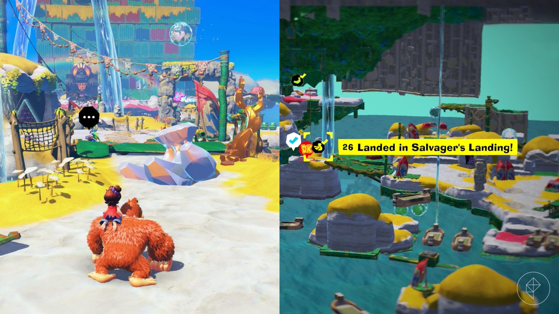 DK assesses a bunch of debris while gazing at sublayer 101 and looking for the Landed in Salvager’s Landing gem in a split image showing a map of where to find Lagoon Layer Banandium Gem DK assesses a bunch of debris while gazing at sublayer 101 and looking for the Landed in Salvager’s Landing gem in a split image showing a map of where to find Lagoon Layer Banandium Gem