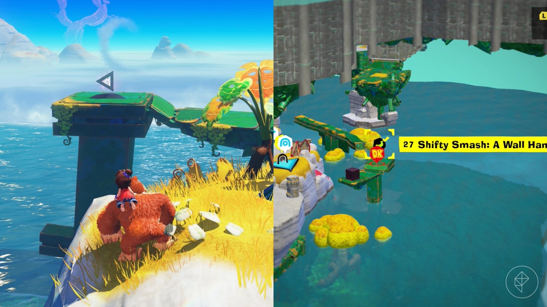 DK stands on a cliff and looks at a floating silver triangle on a green pathway while trying to find the Shifty Smash gem in a split image showing a map of where to find Lagoon Layer Banandium Gem DK stands on a cliff and looks at a floating silver triangle on a green pathway while trying to find the Shifty Smash gem in a split image showing a map of where to find Lagoon Layer Banandium Gem