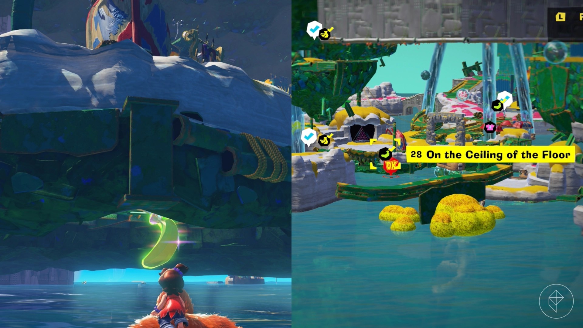 DK stands near ledges leading to the On the Ceiling of the Floor gem in a split image showing a map of where to find Lagoon Layer 101 Banandium Gem DK stands near ledges leading to the On the Ceiling of the Floor gem in a split image showing a map of where to find Lagoon Layer 101 Banandium Gem