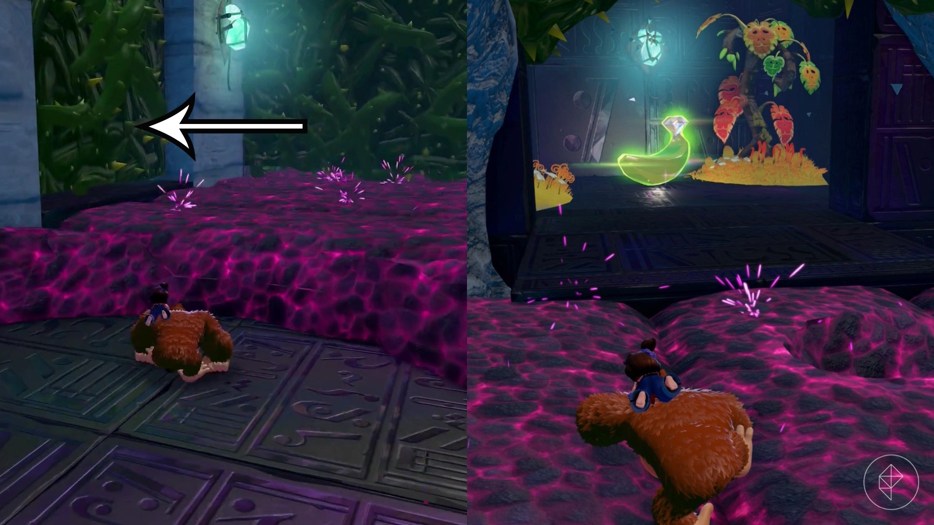 DK stands near purple rocks and smashes a green wall to lead to standin in front of a Banandium Gem in a split image showing where to find Lagoon Layer Banandium Gem DK stands near purple rocks and smashes a green wall to lead to standin in front of a Banandium Gem in a split image showing where to find Lagoon Layer Banandium Gem