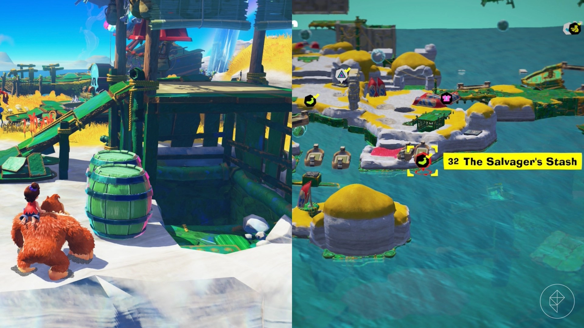 DK stands next to two green barrels and looks at a shanty while finding the Salvager’s Stash gem in a split image showing a map of where to find Lagoon Layer Banandium Gem DK stands next to two green barrels and looks at a shanty while finding the Salvager’s Stash gem in a split image showing a map of where to find Lagoon Layer Banandium Gem