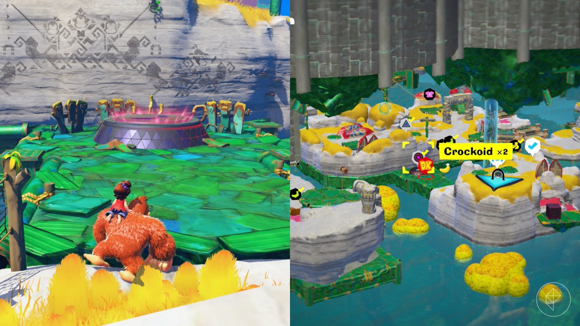 DK approaches a platform while trying to find the Crockoid x2 gem in a split image showing a map of where to find Lagoon Layer Banandium Gem DK approaches a platform while trying to find the Crockoid x2 gem in a split image showing a map of where to find Lagoon Layer Banandium Gem
