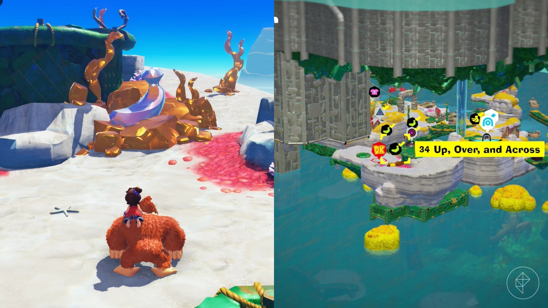 DK climbs a beach cliff while looking for the Up Over and Across Banandium Gem in a split image showing a map of where to find Lagoon Layer Banandium Gem DK climbs a beach cliff while looking for the Up Over and Across Banandium Gem in a split image showing a map of where to find Lagoon Layer Banandium Gem