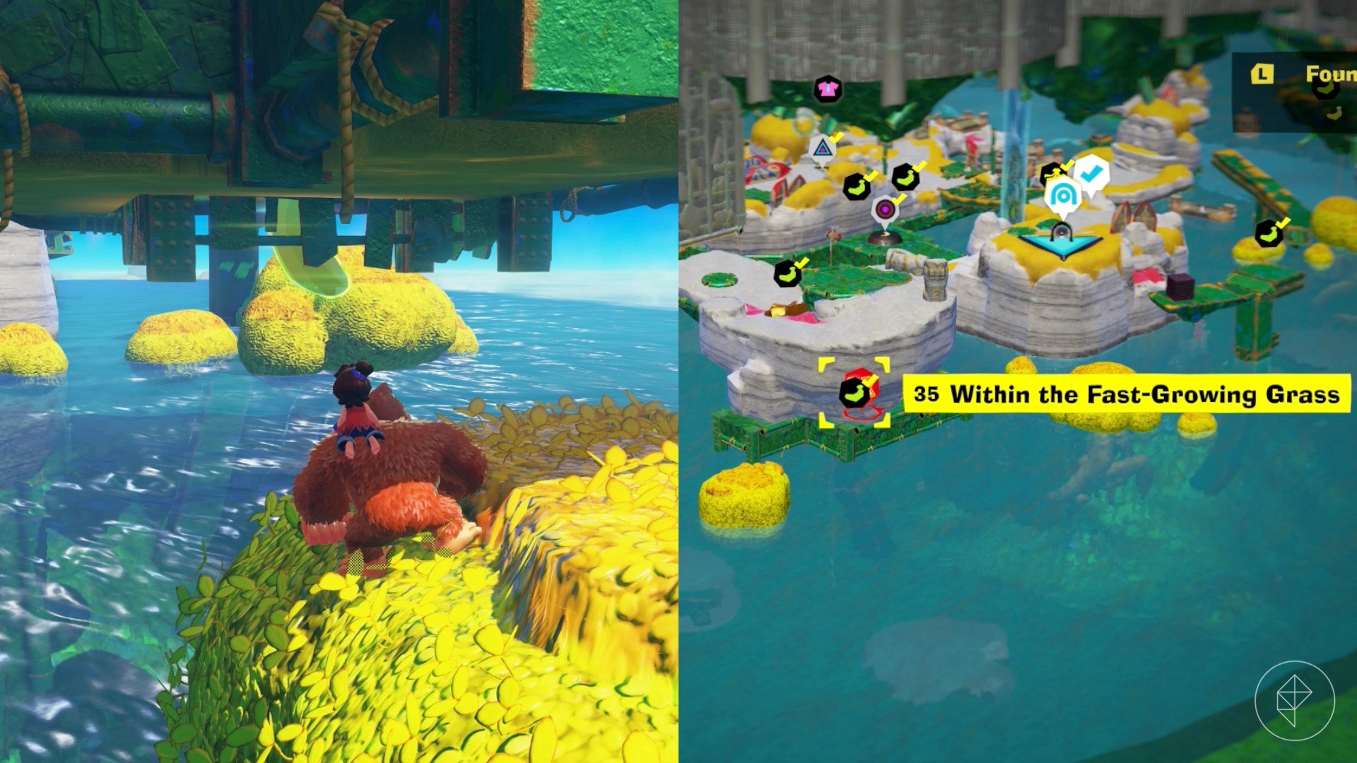 DK jumps across small islands under a building looking for the Within the Fast Growing Grass gem in a split image showing a map of where to find Lagoon Layer Banandium Gem DK jumps across small islands under a building looking for the Within the Fast Growing Grass gem in a split image showing a map of where to find Lagoon Layer Banandium Gem