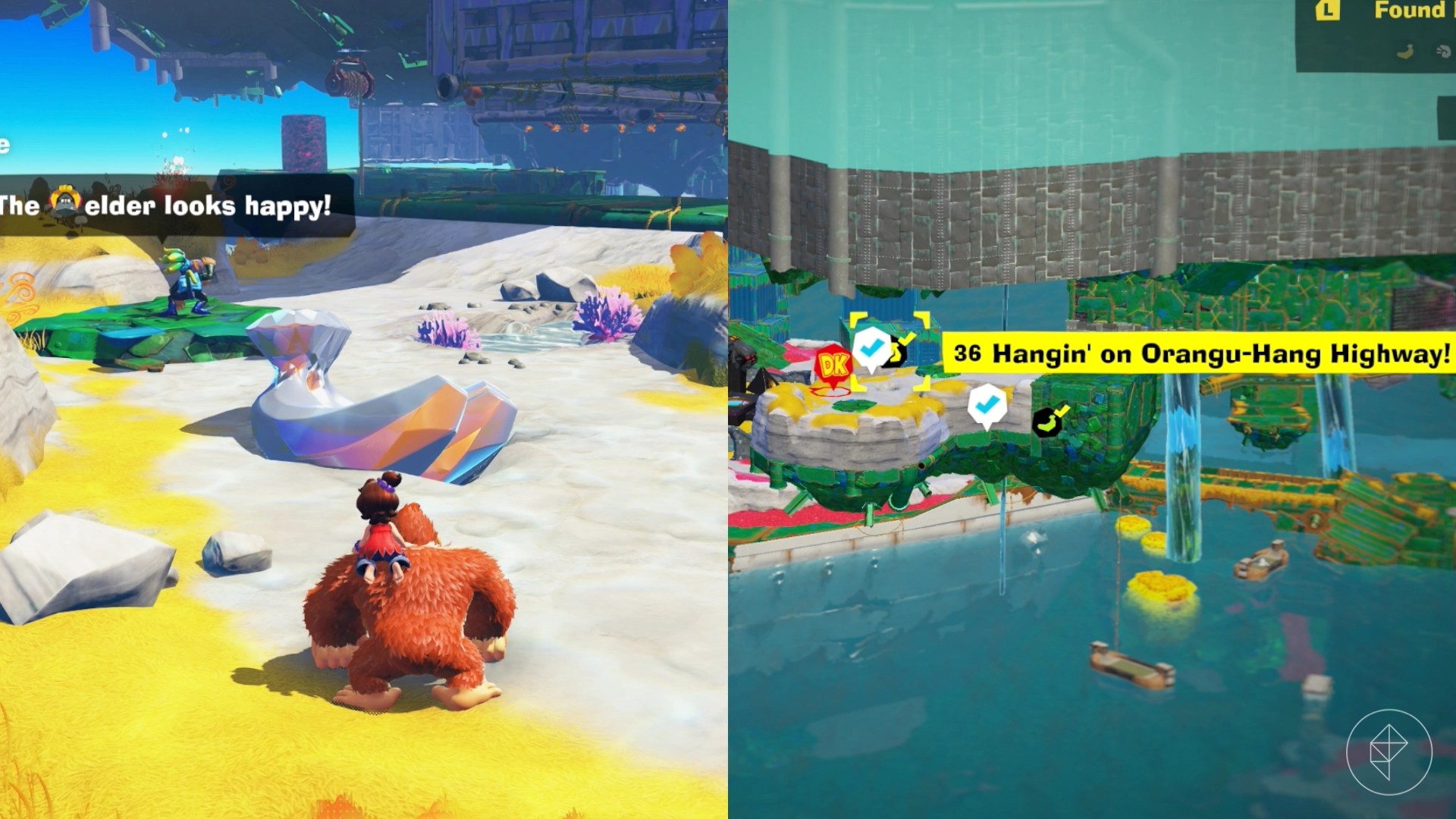 DK walks up to an elder on a beachy path while trying to find the Hangin on an Orangu Hang Highway gem in a split image showing a map of where to find Lagoon Layer Banandium Gem DK walks up to an elder on a beachy path while trying to find the Hangin on an Orangu Hang Highway gem in a split image showing a map of where to find Lagoon Layer Banandium Gem