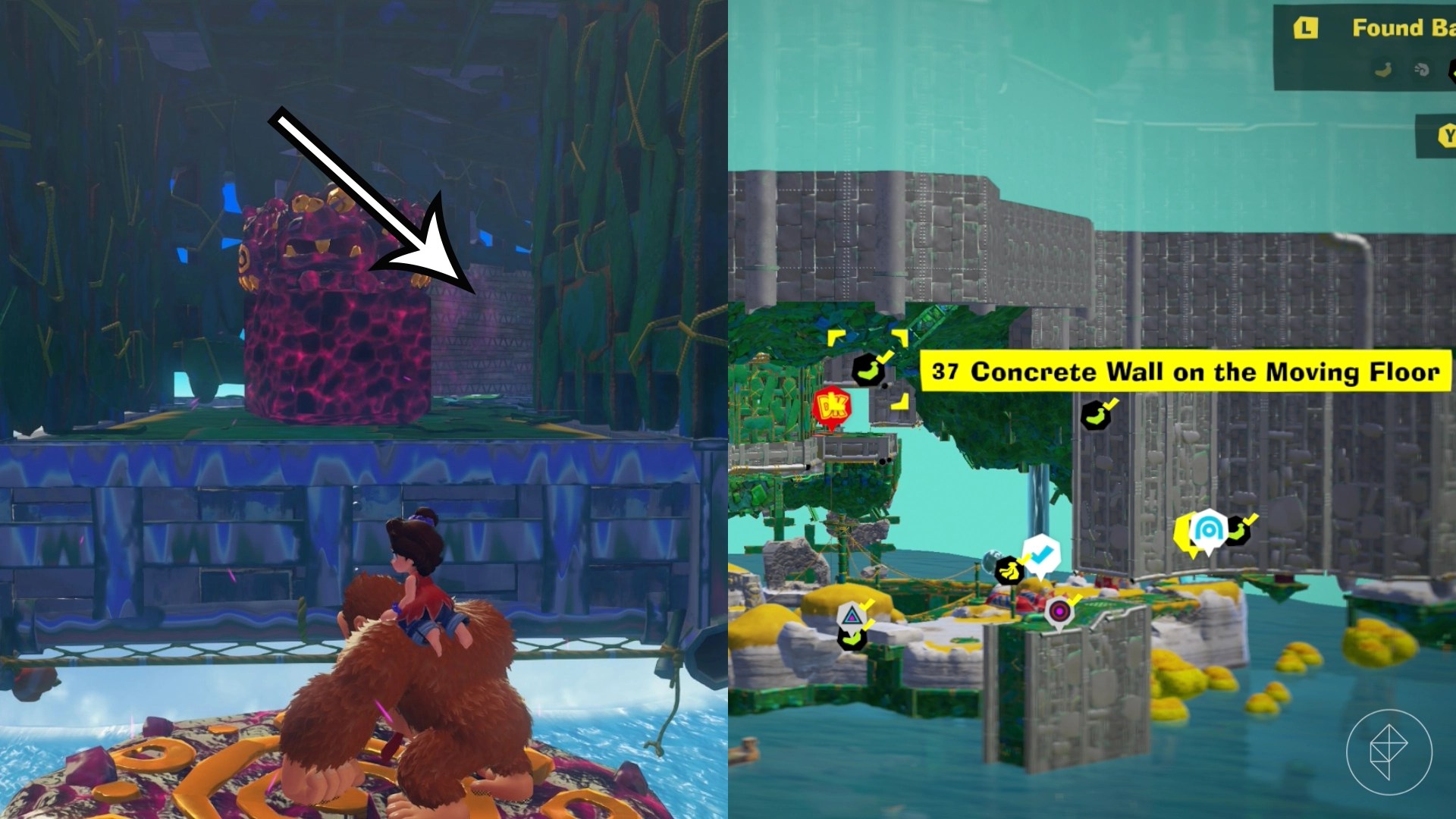 DK perches on a ledge while seeking the Concrete Wall on Moving Floor gem in a split image showing a map of where to find Lagoon Layer Banandium Gem DK perches on a ledge while seeking the Concrete Wall on Moving Floor gem in a split image showing a map of where to find Lagoon Layer Banandium Gem