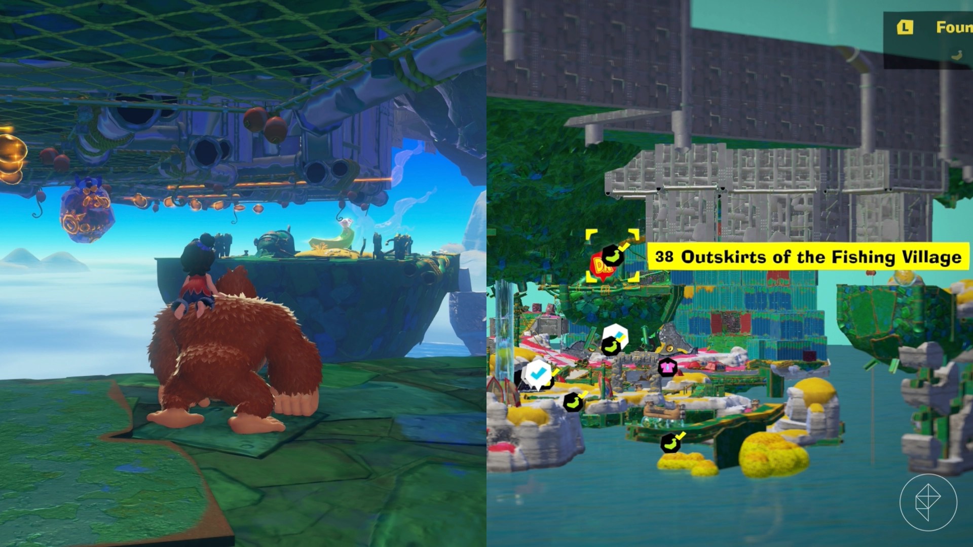 DK stares at a floating island while trying to find the Outskirts of the Fishing Village gem in a split image showing a map of where to find Lagoon Layer Banandium Gem DK stares at a floating island while trying to find the Outskirts of the Fishing Village gem in a split image showing a map of where to find Lagoon Layer Banandium Gem