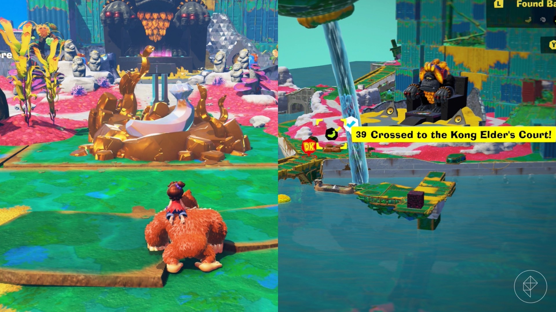 DK stands in front of a bronze fountain while trying to find the Crossed to the Kong Elder’s Court gem in a split image showing a map of where to find Lagoon Layer Banandium Gem DK stands in front of a bronze fountain while trying to find the Crossed to the Kong Elder’s Court gem in a split image showing a map of where to find Lagoon Layer Banandium Gem