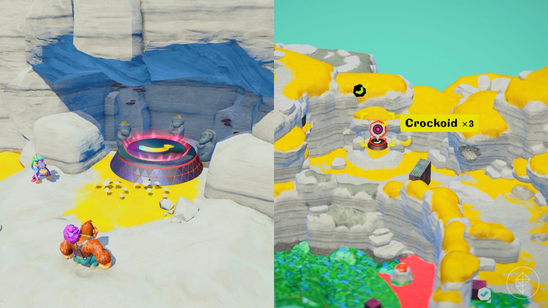 DK stands near a jump pad leading to the Crockoid x3 gem in a split image showing a map of where to find Lagoon Layer Banandium Gem DK stands near a jump pad leading to the Crockoid x3 gem in a split image showing a map of where to find Lagoon Layer Banandium Gem