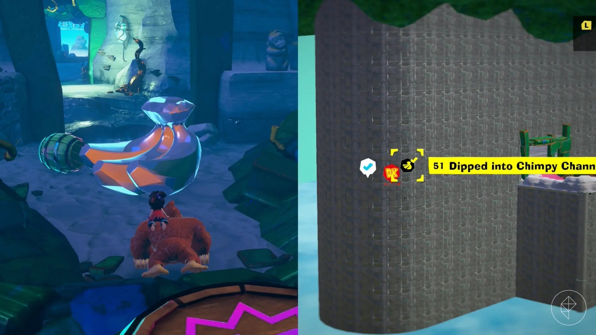 DK stands in front of a Banandium Gem while looking for the Dipped into Chimpy Channel gem in a split image showing a map of where to find Lagoon Layer Banandium Gem DK stands in front of a Banandium Gem while looking for the Dipped into Chimpy Channel gem in a split image showing a map of where to find Lagoon Layer Banandium Gem