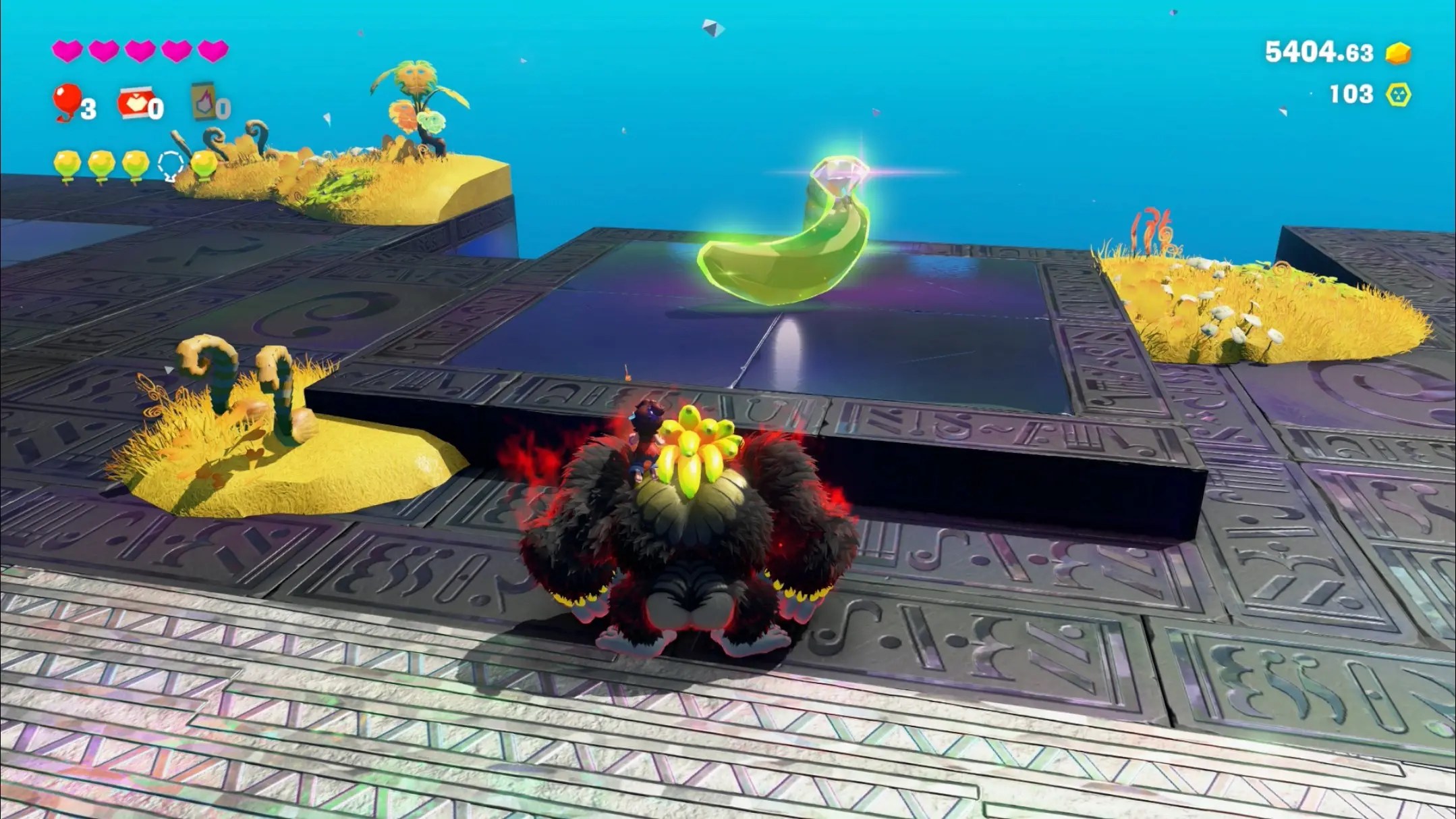 DK stands in front of a Banandium Gem on a silver platform near patches of wheat while finding the Atop the Concrete Roof gem in Donkey Kong Bananza DK stands in front of a Banandium Gem on a silver platform near patches of wheat while finding the Atop the Concrete Roof gem in Donkey Kong Bananza