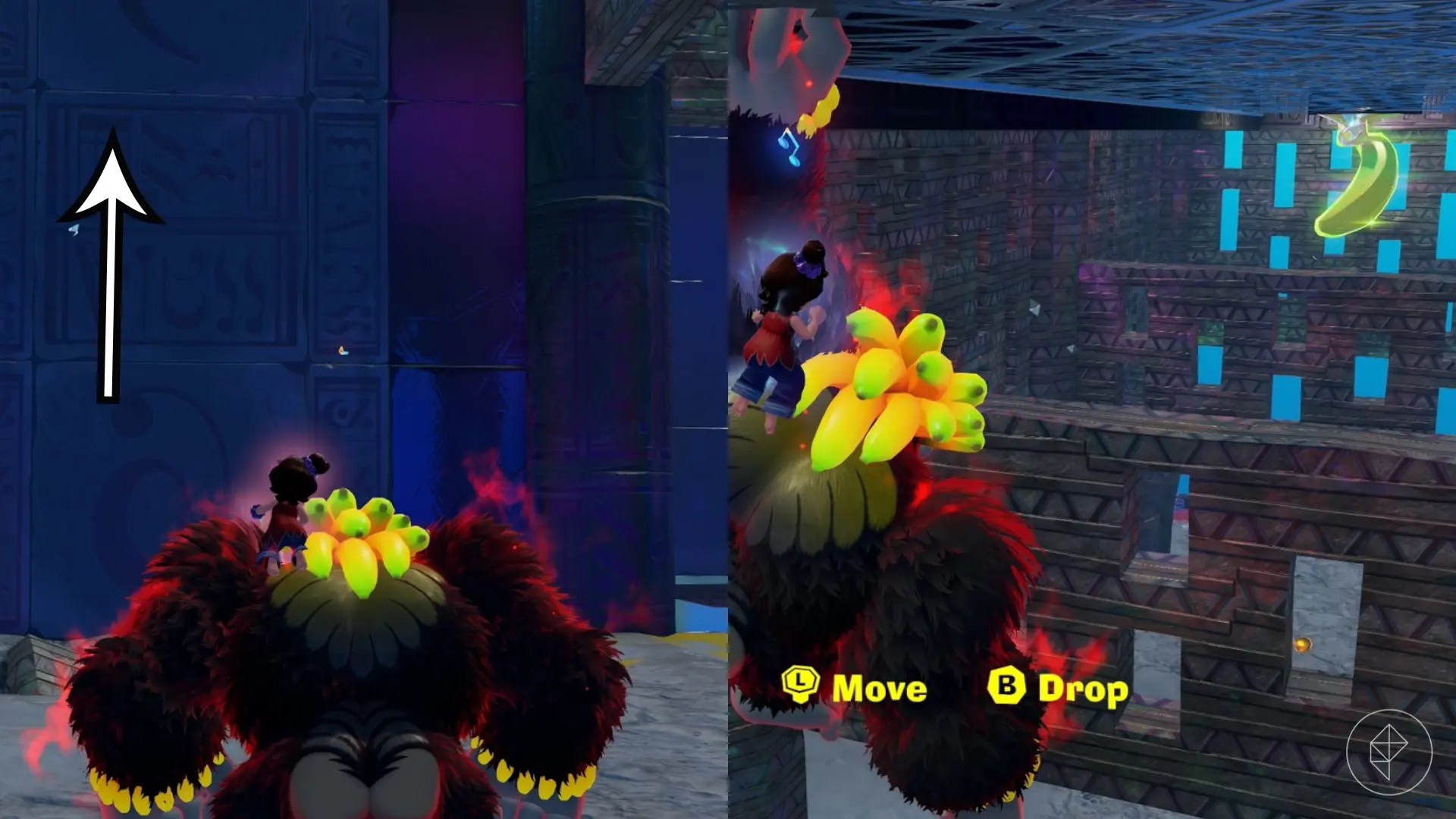 In two images, Donkey stands near a purple wall and also looks out across broken half walls while trying to find a Banandium Gem in the Lagoon Layer of Donkey Kong Bananza In two images, Donkey stands near a purple wall and also looks out across broken half walls while trying to find a Banandium Gem in the Lagoon Layer of Donkey Kong Bananza