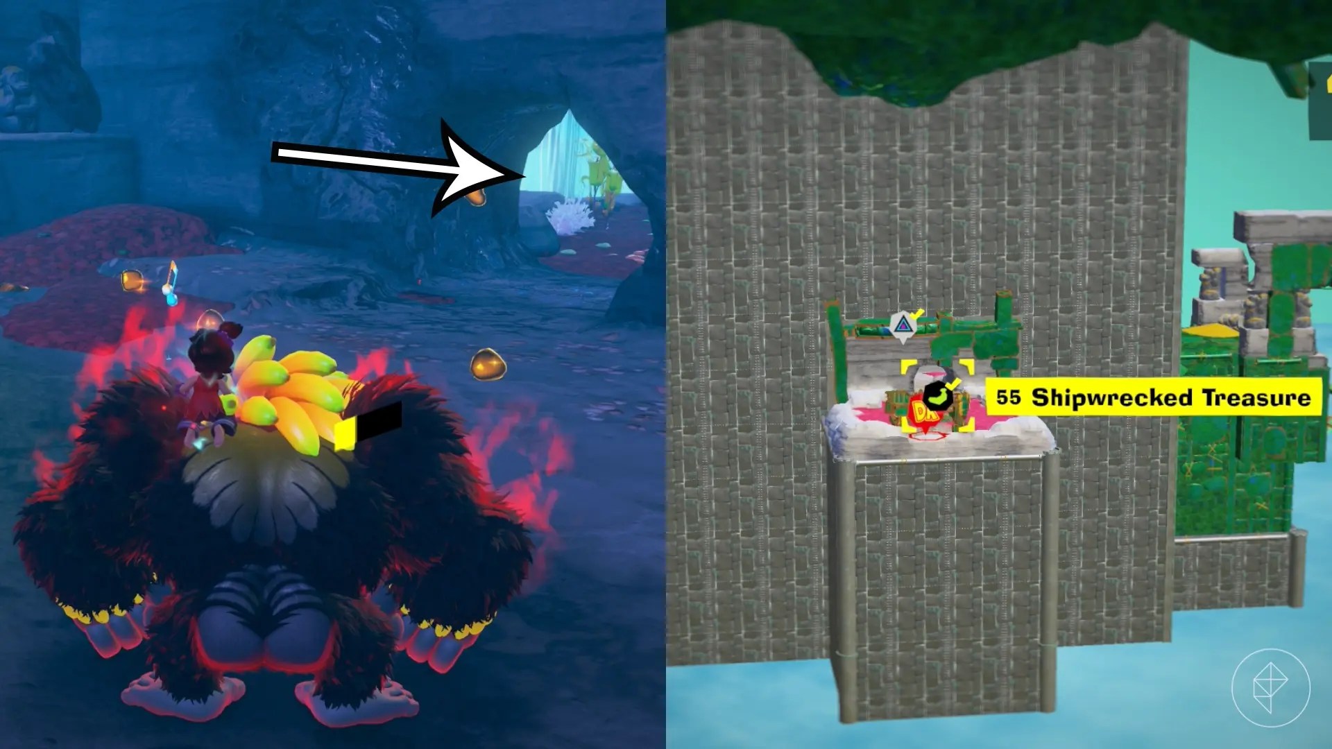 DK stands in a cave while hunting for the Shipwrecked Treasure gem in a split image showing a map of where to find Lagoon Layer Banandium Gem DK stands in a cave while hunting for the Shipwrecked Treasure gem in a split image showing a map of where to find Lagoon Layer Banandium Gem