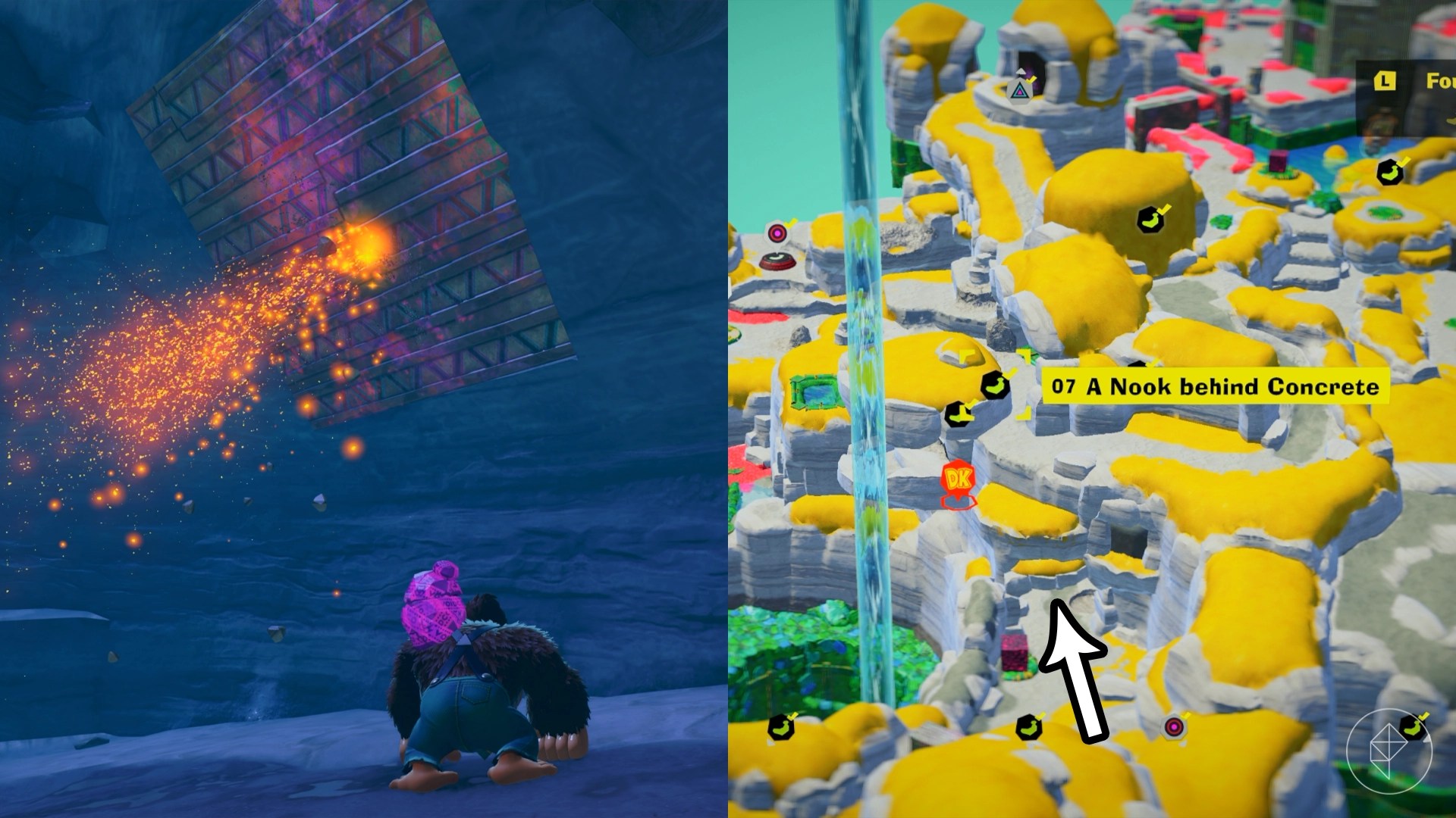 DK stands in a cave leading to the Nook Behind Concrete gem in a split image showing a map of where to find Lagoon Layer Banandium Gem DK stands in a cave leading to the Nook Behind Concrete gem in a split image showing a map of where to find Lagoon Layer Banandium Gem