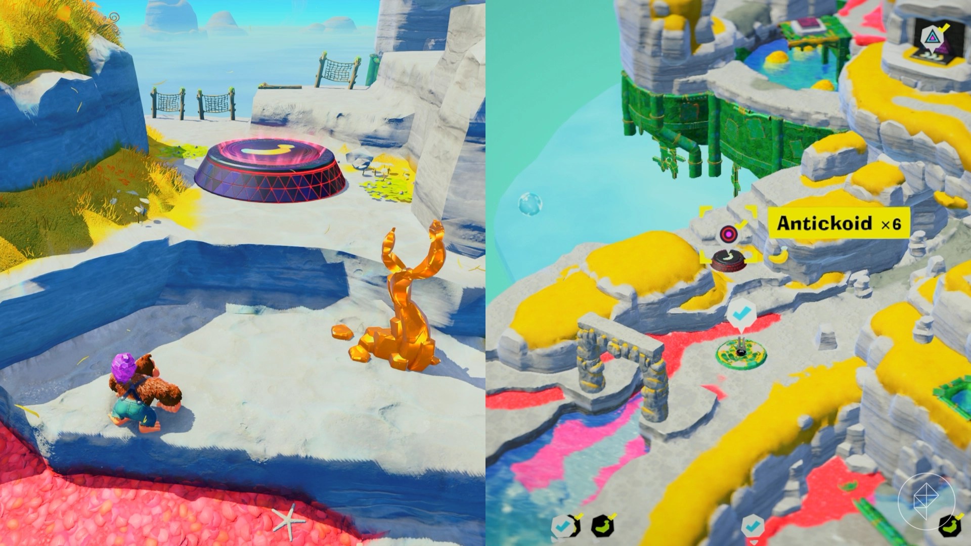 DK climbs up cliffs leading to the Antickoid x6 gem in a split image showing a map of where to find Lagoon Layer Banandium Gem DK climbs up cliffs leading to the Antickoid x6 gem in a split image showing a map of where to find Lagoon Layer Banandium Gem