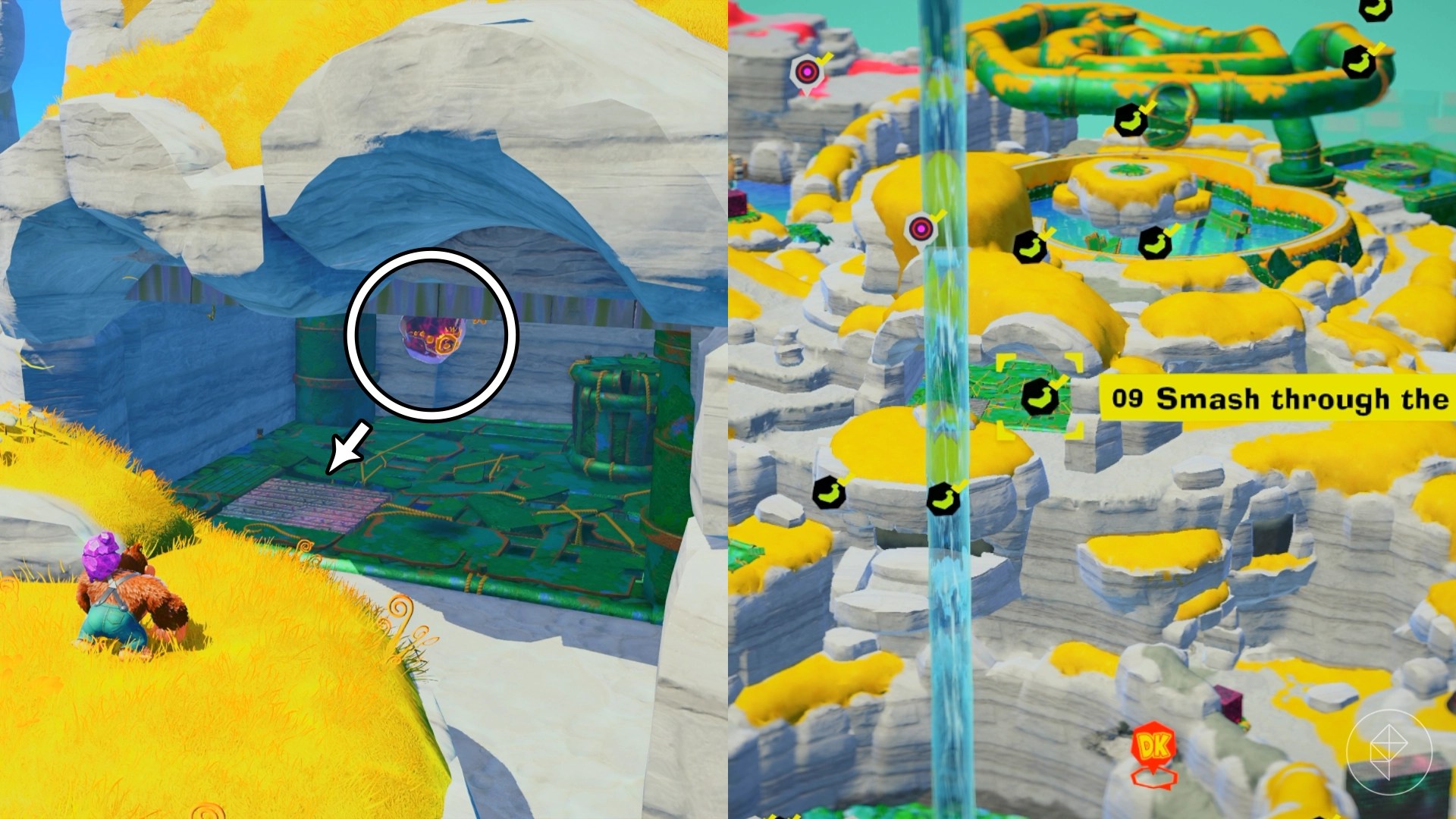 DK stands on a cliff and looks at a cave showing the Smash Through the Floor gem in a split image showing a map of where to find Lagoon Layer Banandium Gem DK stands on a cliff and looks at a cave showing the Smash Through the Floor gem in a split image showing a map of where to find Lagoon Layer Banandium Gem