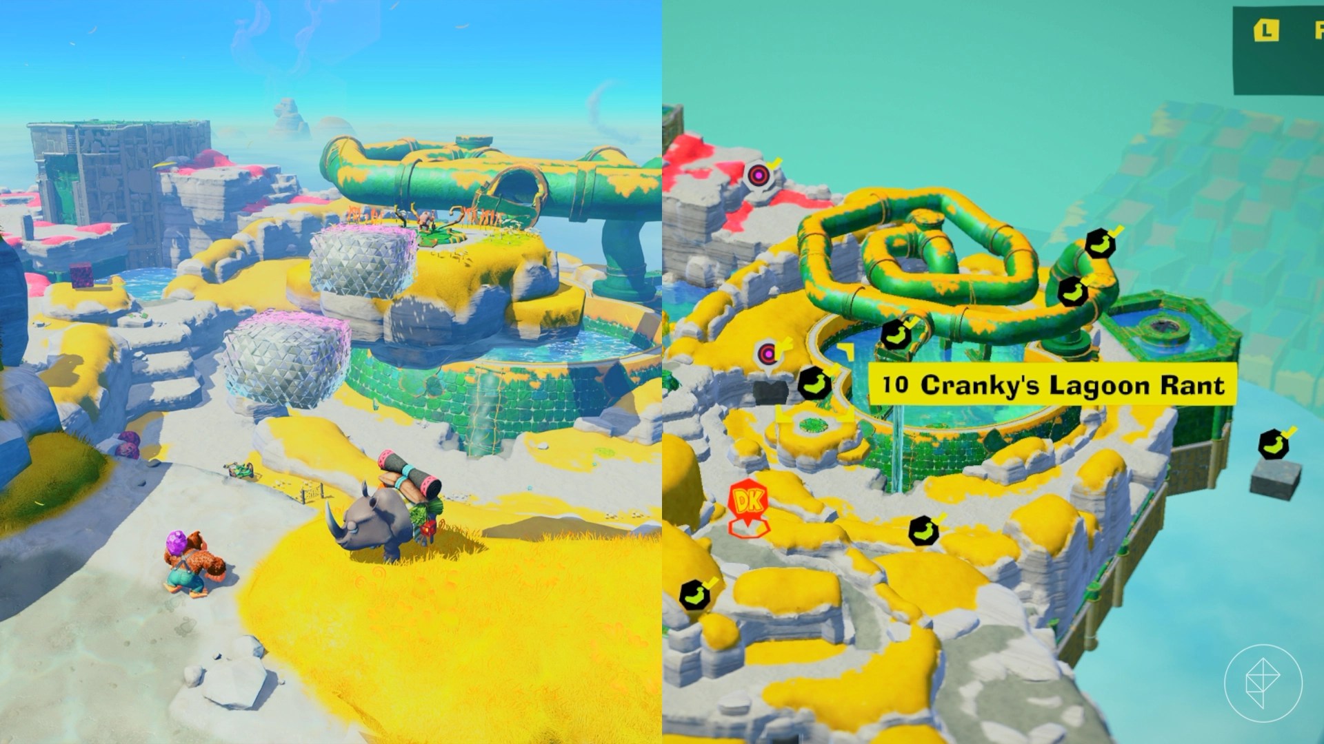 DK gazes out at the Lagoon Layer to search for the Cranky’s Lagoon Rant gem in a split image showing a map of where to find Lagoon Layer Banandium Gem DK gazes out at the Lagoon Layer to search for the Cranky’s Lagoon Rant gem in a split image showing a map of where to find Lagoon Layer Banandium Gem