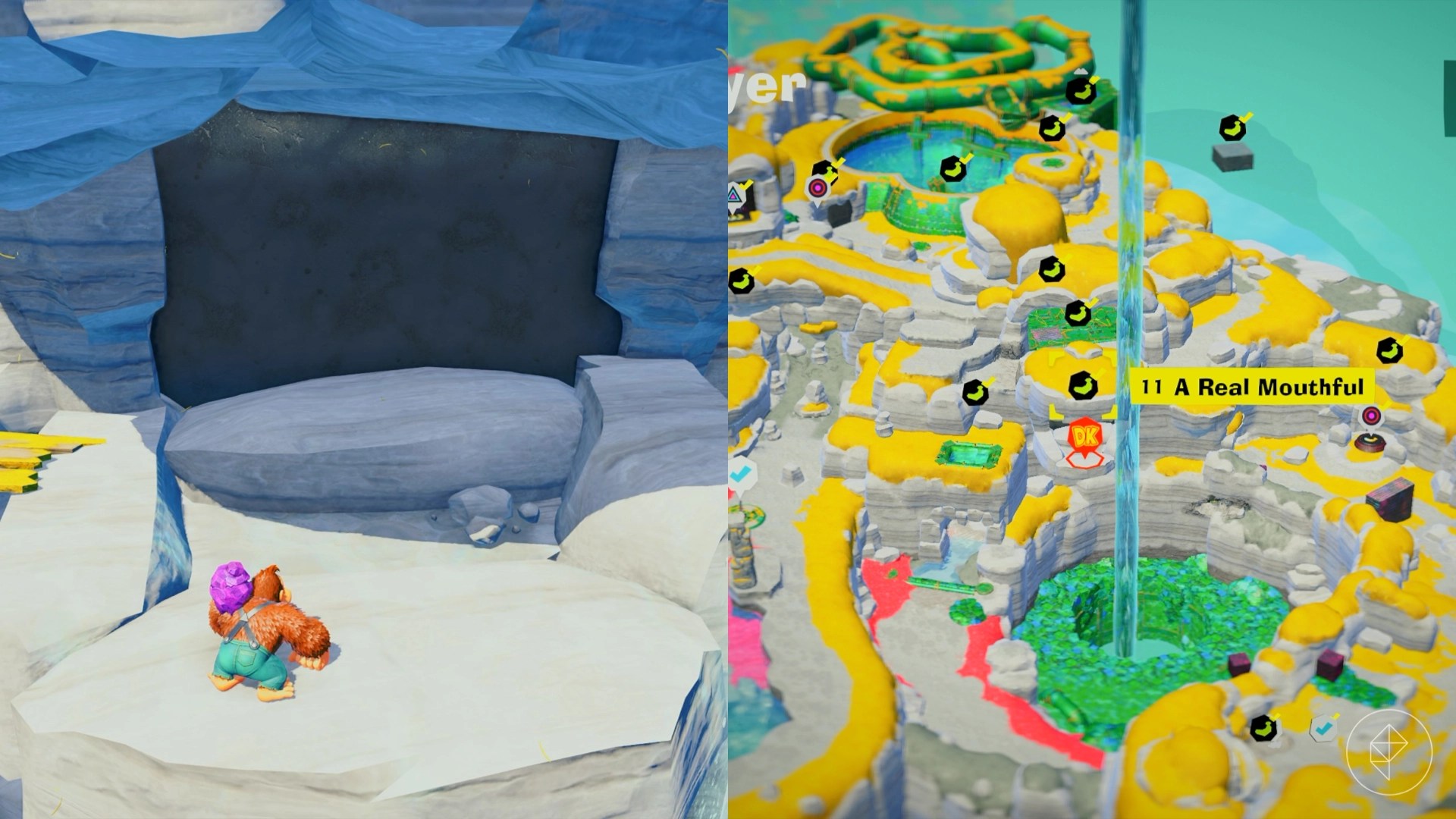 DK stands next to a stone giant monkey mouth showing the Real Mouthful gem in a split image showing a map of where to find Lagoon Layer Banandium Gem DK stands next to a stone giant monkey mouth showing the Real Mouthful gem in a split image showing a map of where to find Lagoon Layer Banandium Gem