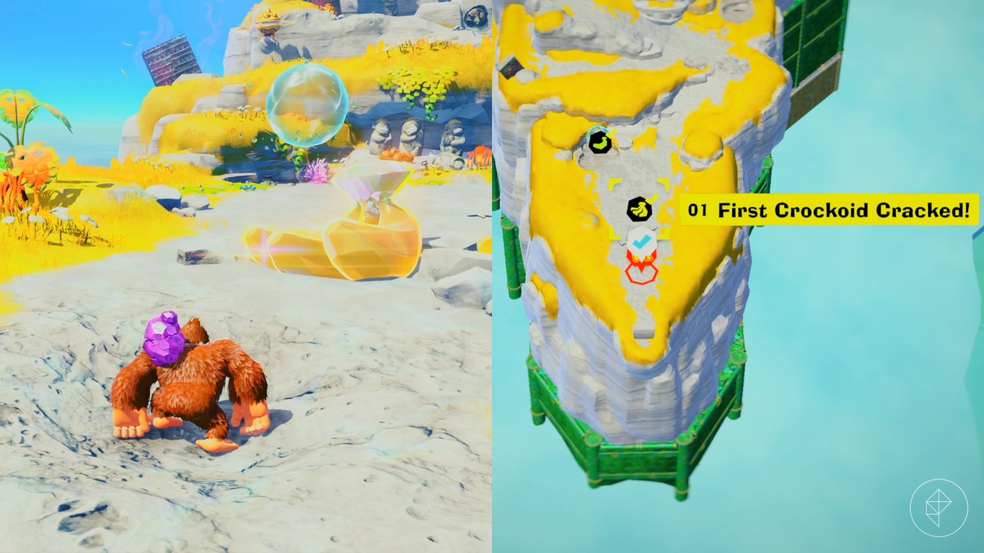 DK stands near the First Crockoid Cracked gem in a split image showing a map of a Lagoon Layer Banandium Gem DK stands near the First Crockoid Cracked gem in a split image showing a map of a Lagoon Layer Banandium Gem