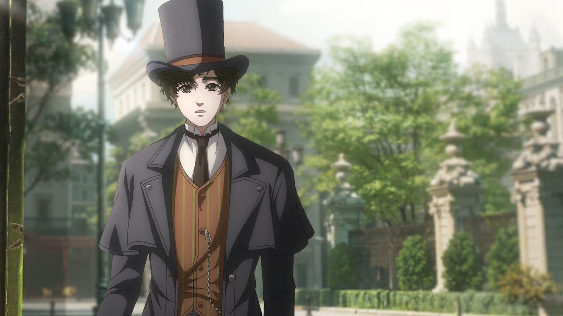 A scene from Lord of Mysteries showing Klein Moretti, a young man wearing a top hat and a long black coat in Victorian fashion. A scene from Lord of Mysteries showing Klein Moretti, a young man wearing a top hat and a long black coat in Victorian fashion.