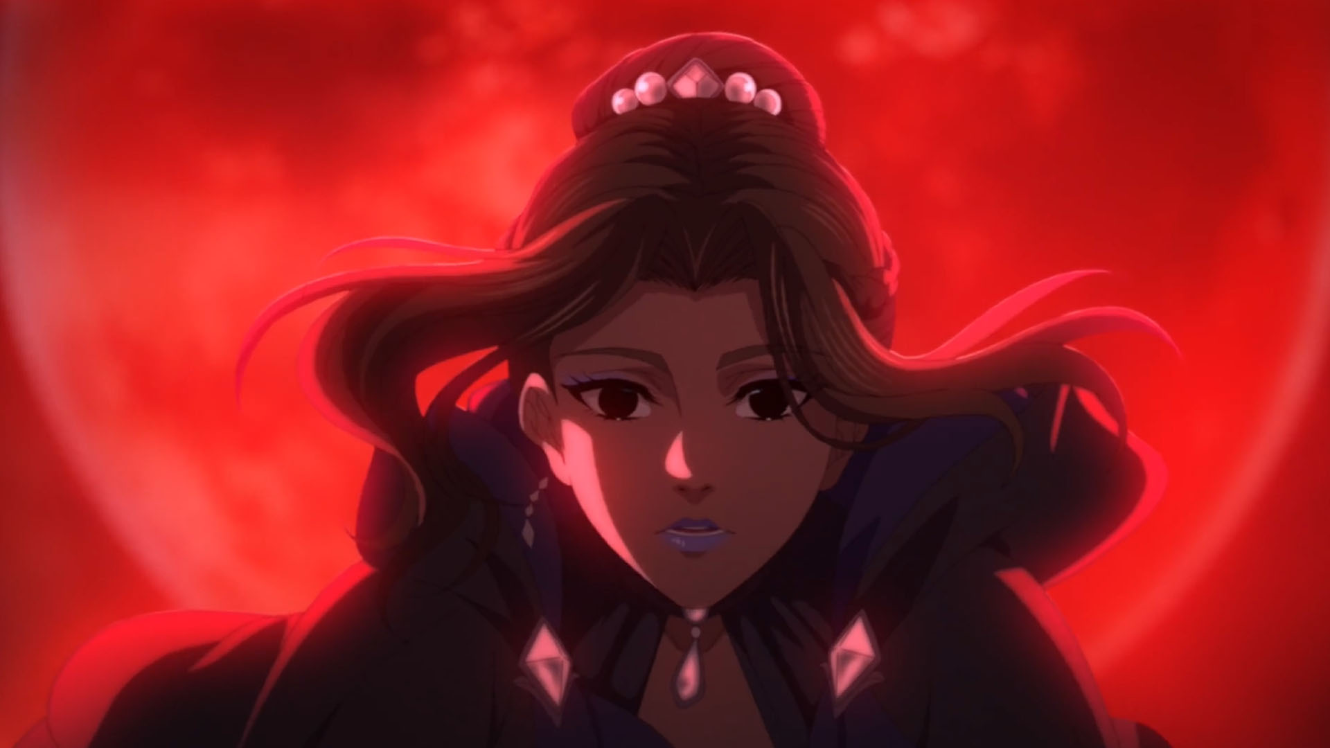 A scene from Lord of Mysteries showing a woman in front of the large red moon. A scene from Lord of Mysteries showing a woman in front of the large red moon.