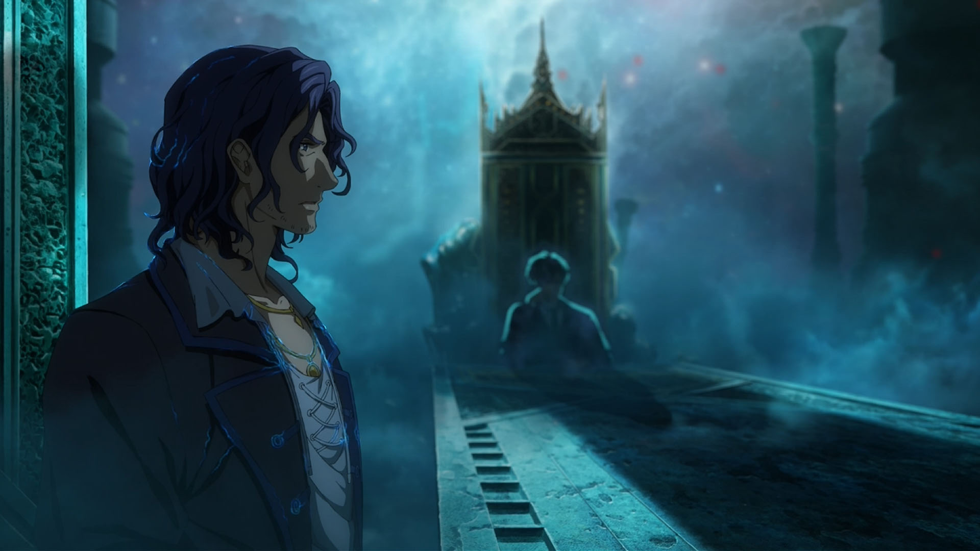 A scene from Lord of Mysteries where two characters talk, both seated at the same long table. One is a man with short blue hair, while the other is hidden in the shadows. A scene from Lord of Mysteries where two characters talk, both seated at the same long table. One is a man with short blue hair, while the other is hidden in the shadows.