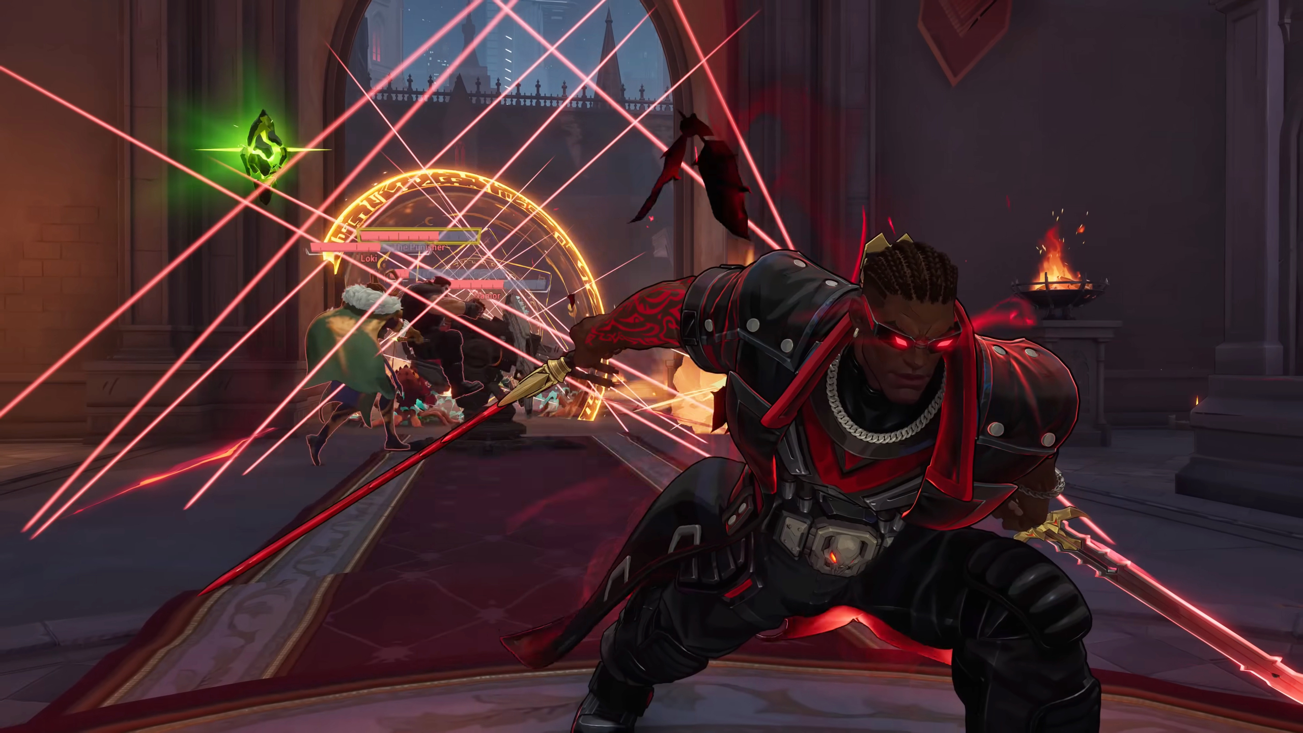Marvel Rivals Season 3.5: A screenshot of Blade gameplay as he slashes through a group of enemies in an archway, towards the camera.