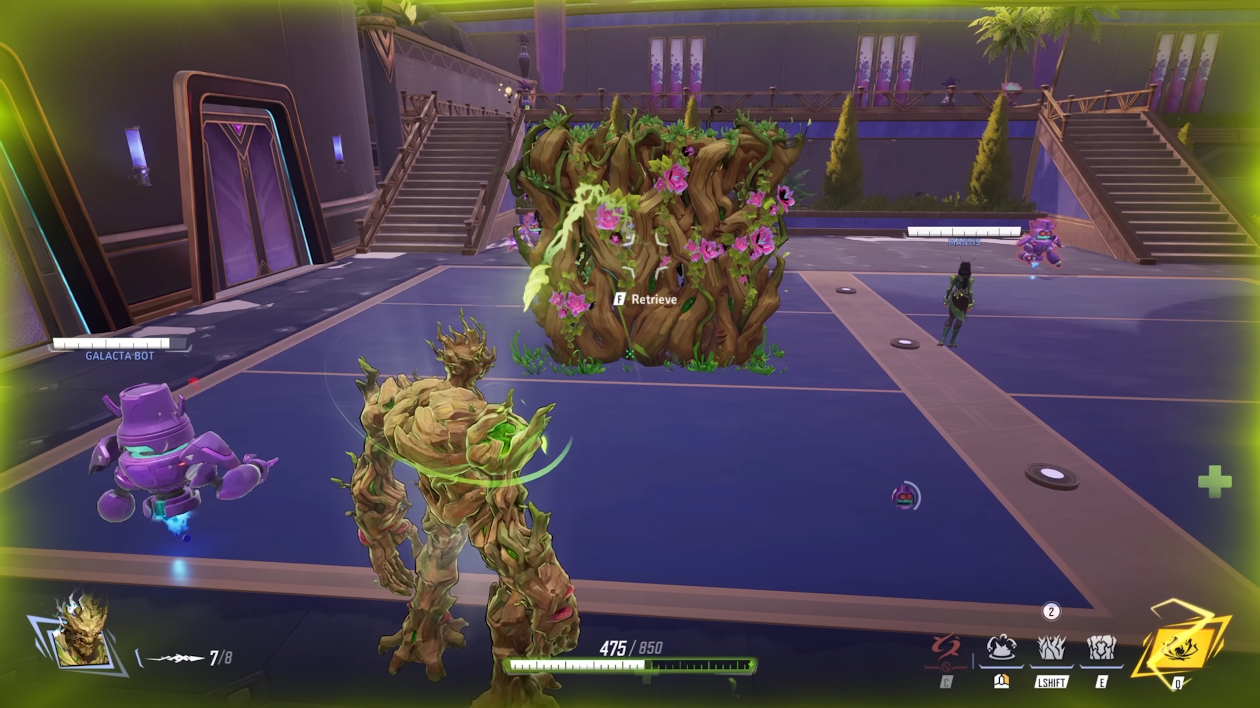 Marvel Rivals Season 3.5: Groot standing near his new healing thorn wall in the practice range.