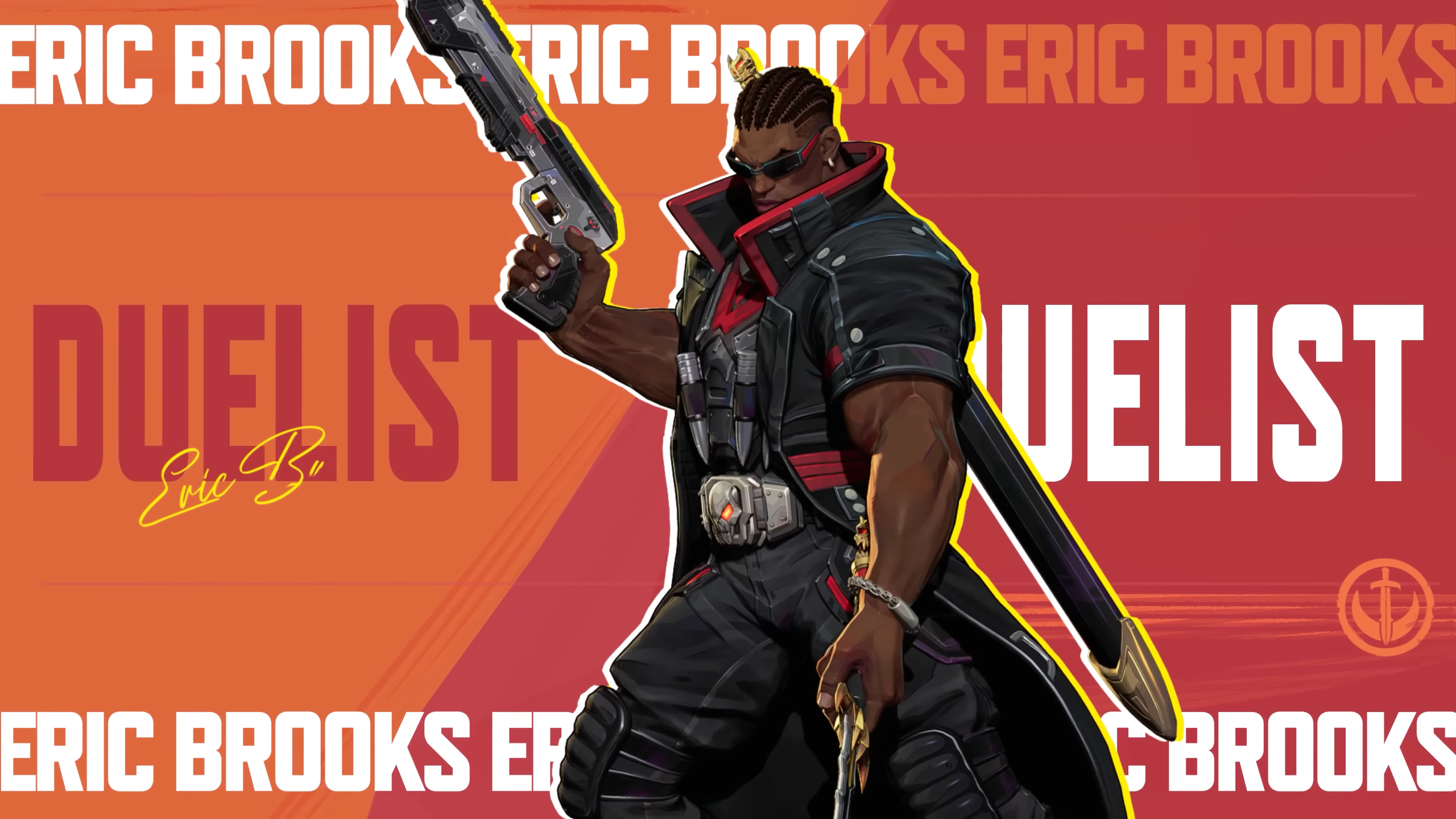 Marvel Rivals Season 3.5: Artwork for Blade, who's posing in the middle with a gun pointing upwards in his right hand and his sword pointing downwards in his left hand. The background text says 