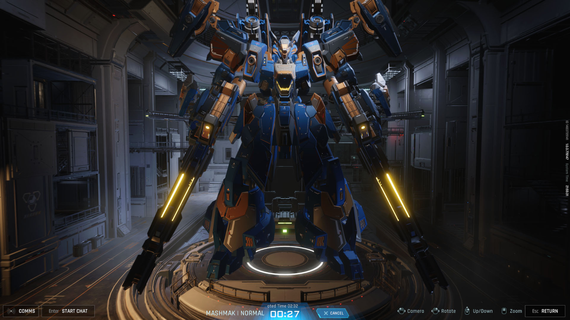 A Mecha Break screenshot showing a large blue mecha holding two guns. A Mecha Break screenshot showing a large blue mecha holding two guns.