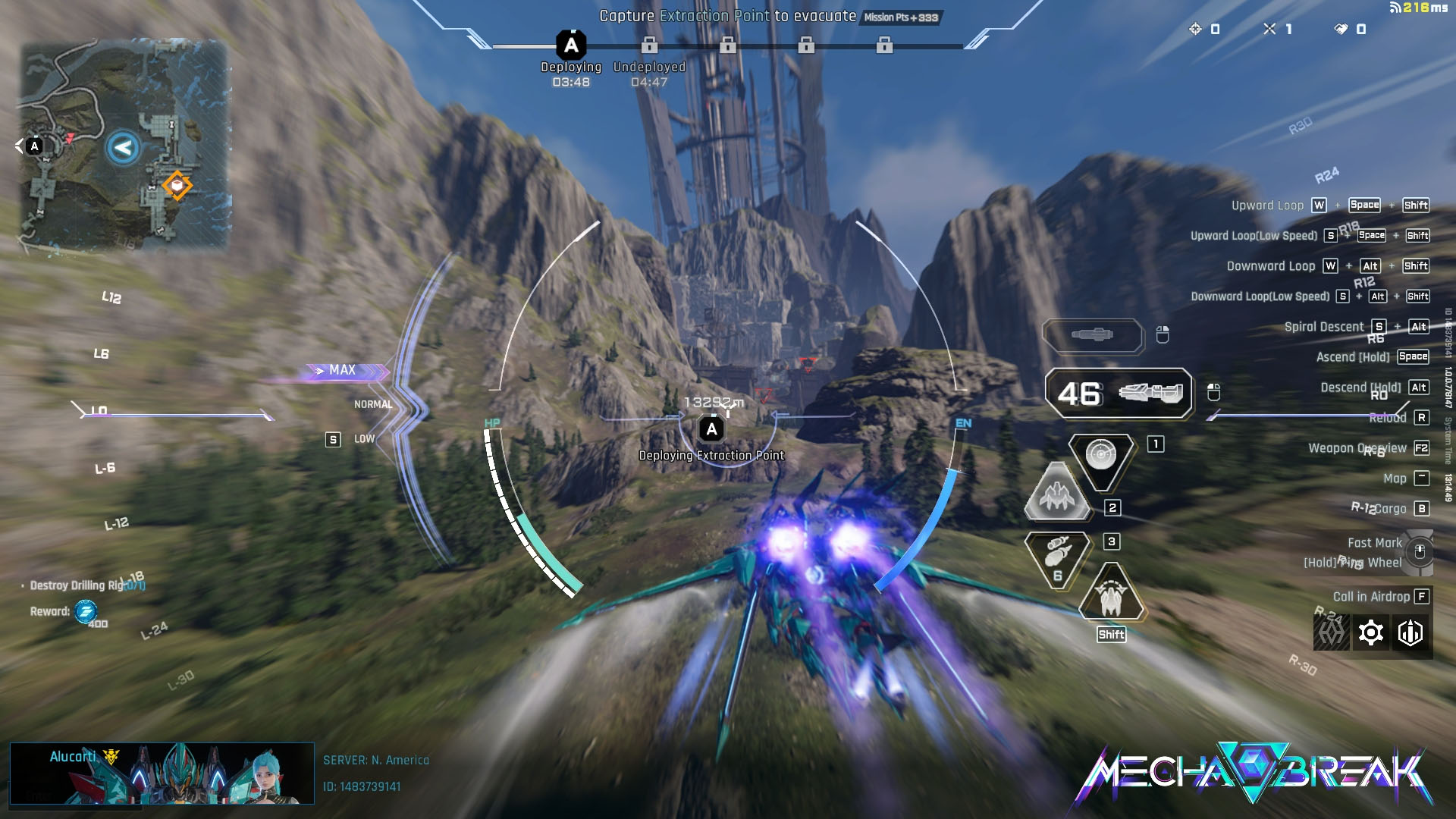 A Mecha Break screenshot showing the UI and a jet-like mecha flying. A Mecha Break screenshot showing the UI and a jet-like mecha flying.